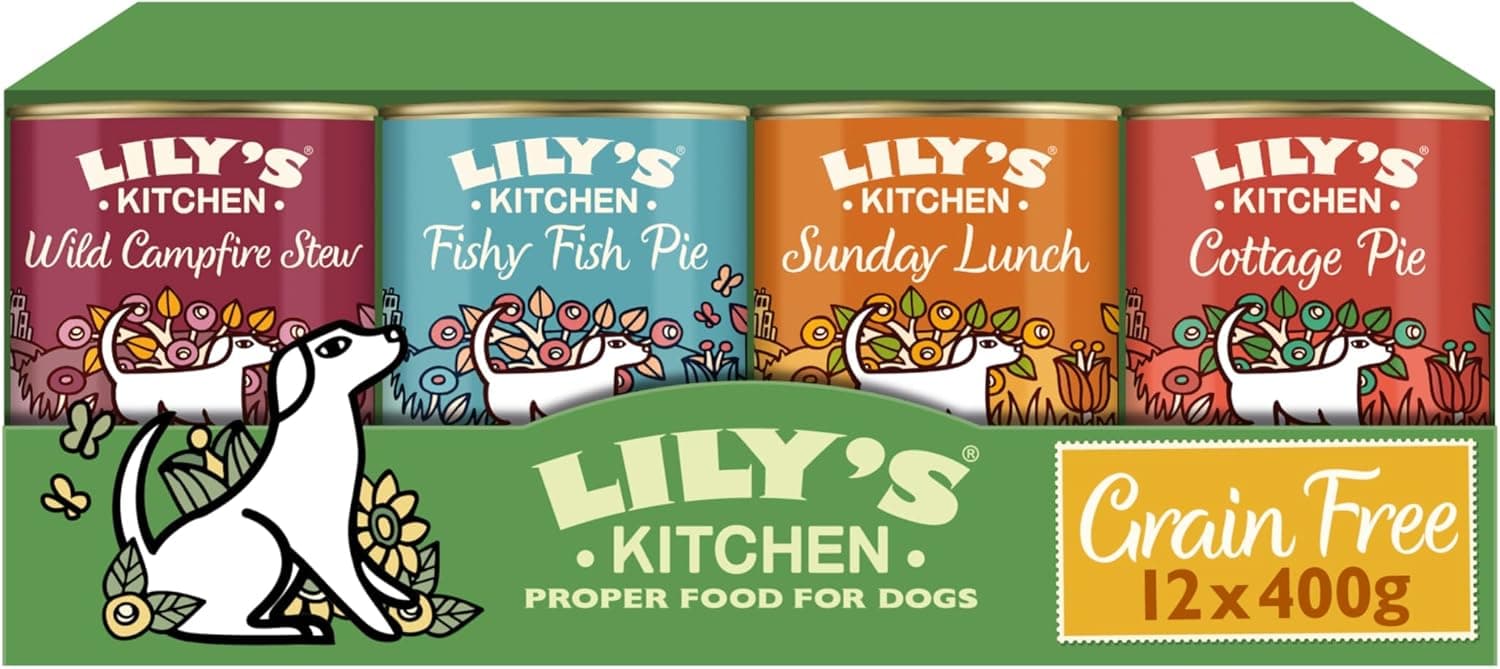 Lily’s Kitchen Alimento húmedo natural para perros adultos: paquete de 12 latas variadas de 400 g de nuestras recetas sin cereales