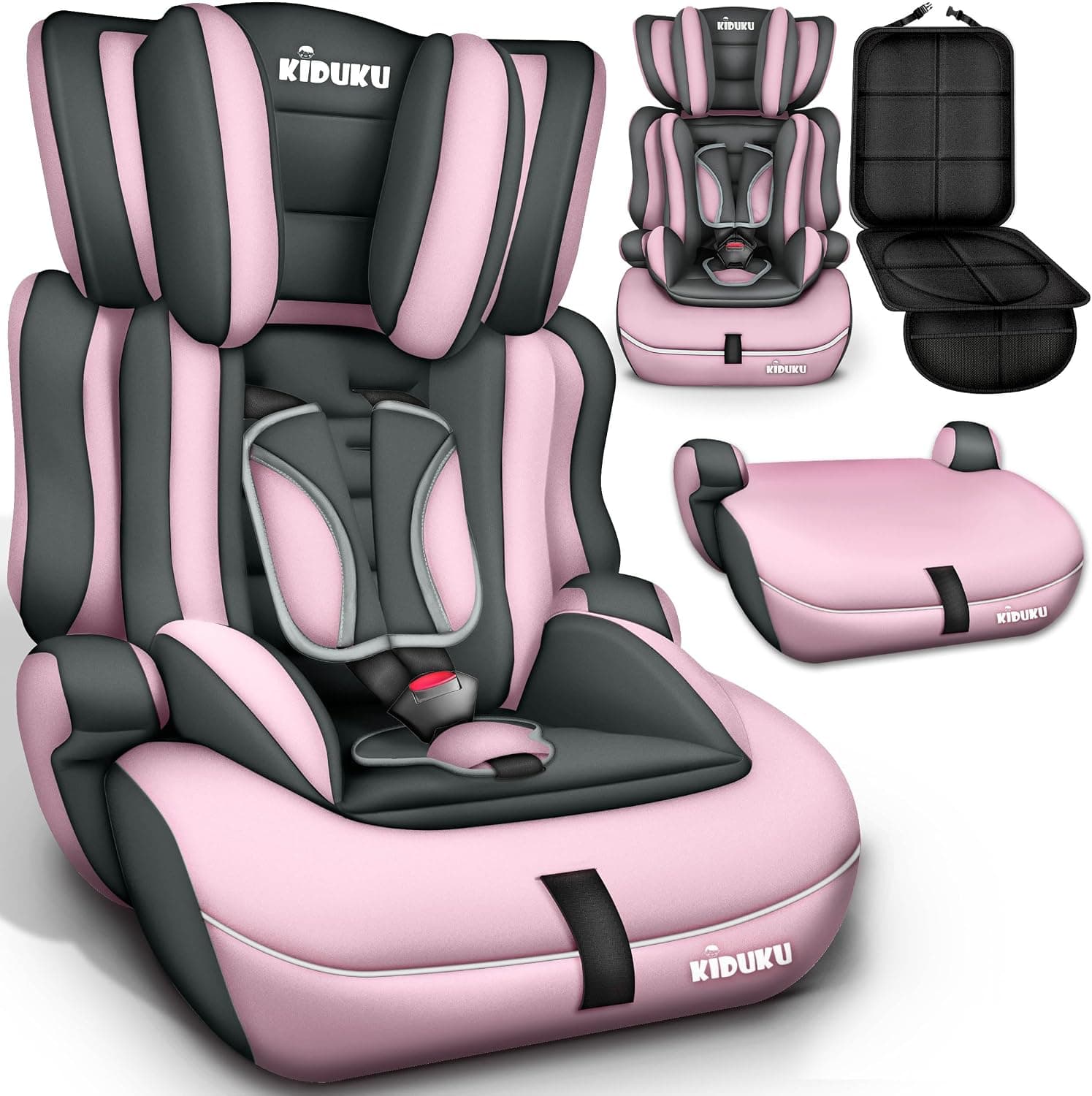 KIDUKU® Silla de coche, crece con el niño, 9 kg-36 kg (1-12 años), Grupo 1/2/3 (Gris/Rosa)