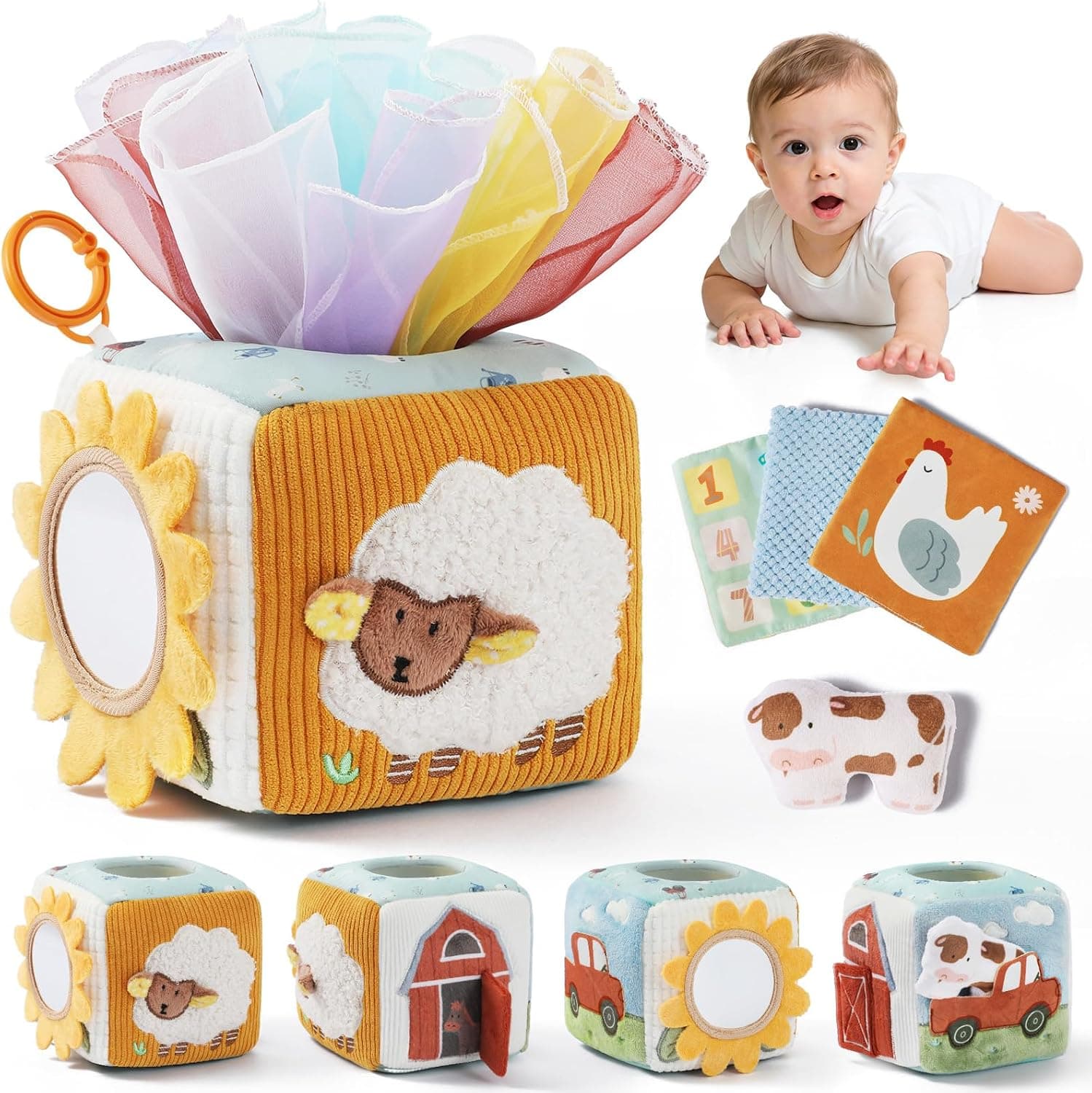 Let's Make Juguete Caja de Pañuelos para Bebé, Juguete Sensorial Montessori 6 9 12 Meses, Cubo de Actividades Granja con Pañuelos, Telas Crujientes, Espejo, Vaca Sonora y Clip de Viaje, Regalo Bebé