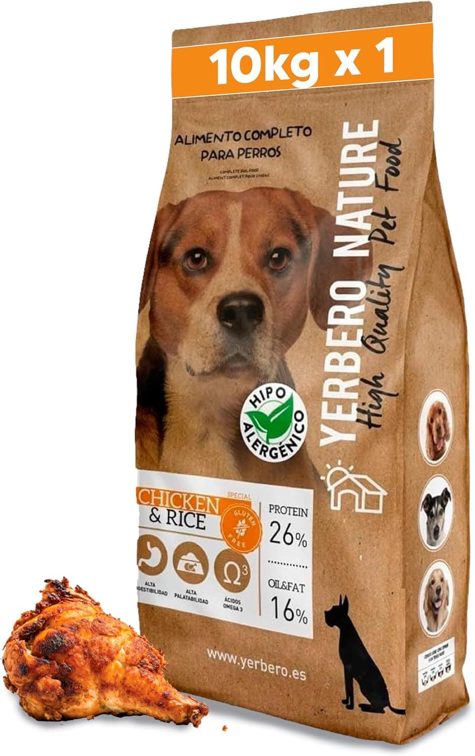 Yerbero Nature Chicken & Rice Pienso sin Gluten con Pollo para Perros, alimento Hipoalergénico con Alta Digestibilidad, Comida Natural y Omega 3 y 26% de Proteína, 10 Kilos
