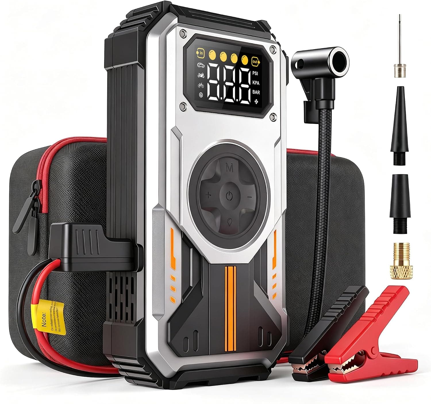 Arrancador de Baterias de Coche 6000A, Compresor de Aire 150 PSI, 7-en-1 Booster Bateria 12V (para 10 L Gasolina o 8.5 L Diesel), Arrancador de Coche con Pantalla LCD, Linterna LED, Plata