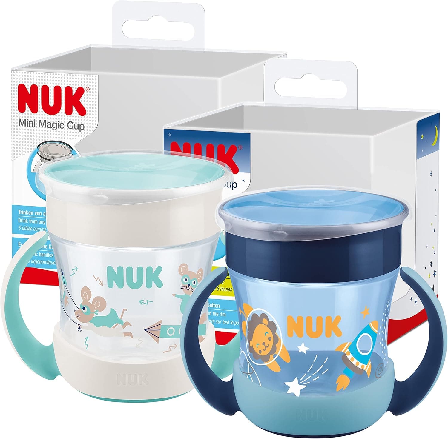 NUK Mini Magic Cup Night taza para sorber | +6 meses | 160 ml | Borde a prueba de derrames de 360° para beber desde cualquier lado | Brilla en la oscuridad | Sin BPA | León (azul) | 2 unidades.