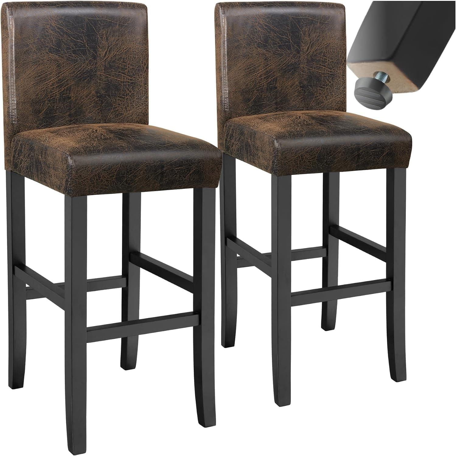 tectake® Taburete de Bar, Diseño Ergonómico, Cuero Sintético, Madera Maciza, Ideal para Comedor, Cocina, Asiento Altura 76 cm, Taburetes Altos Cocina, Taburete Bar - 2 Taburetes Marrón Antiguo