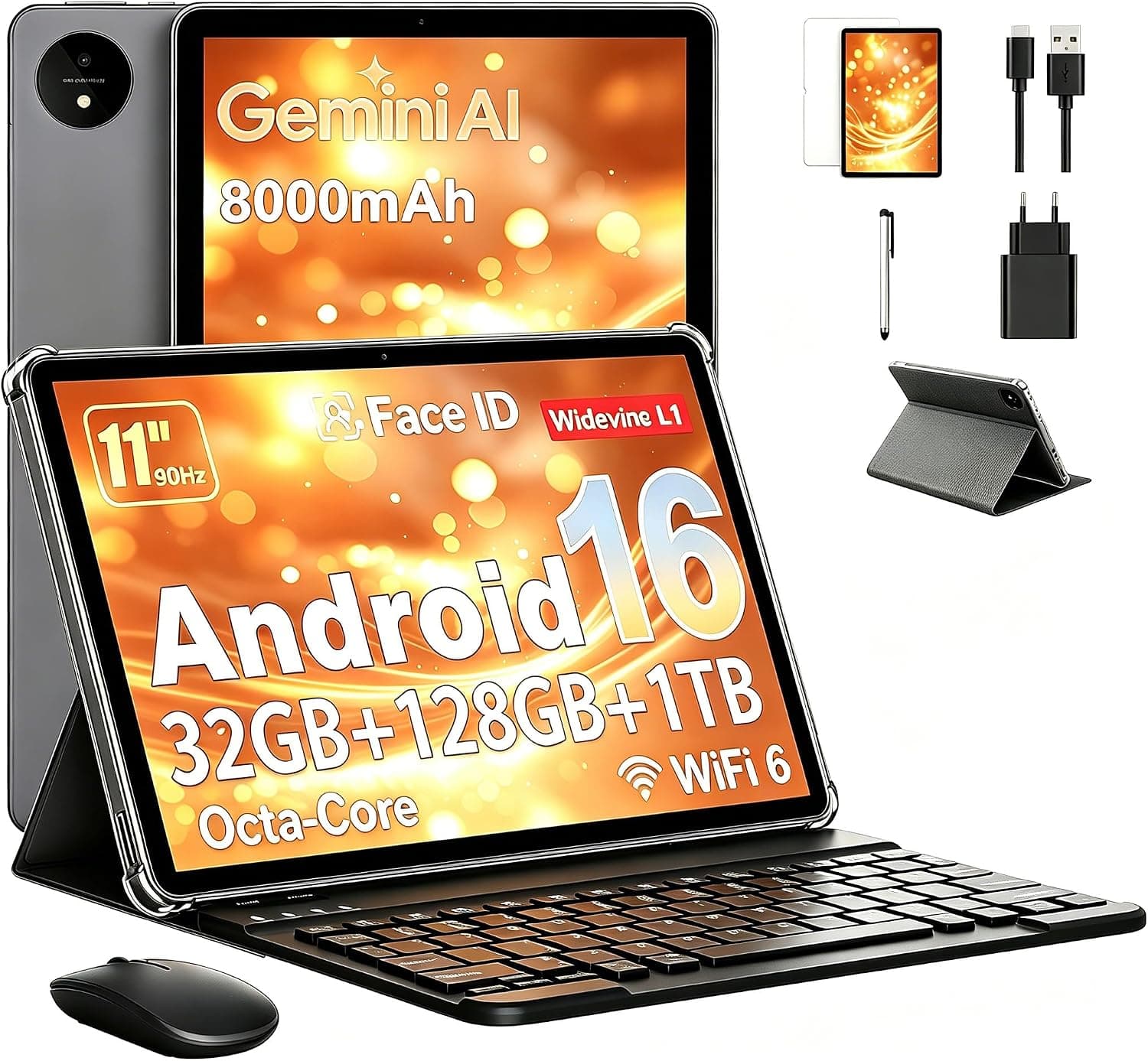 Tablet 11 Pulgadas en Gemini AI, Tableta Android 16 en Funda, Teclado & Ratón, Octa-Core, 32 GB RAM + 128 GB ROM + 1 TB TF, 1920x1200 Pantalla HD, 90 Hz, Cámara Doble 8MP + 16MP, 8000 mAh (Gris)