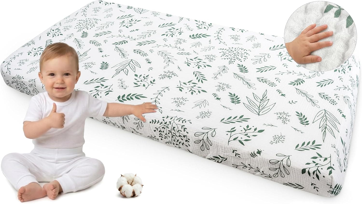 Medi Partners Sabana Bajera Cuna 70x140-100% Algodon Muselina Sabanas de Algodón Bebe Ropa de Cama para Bebés Dormir Cuna Fitted Bed Sheet Protector(Hoja de Olivo)