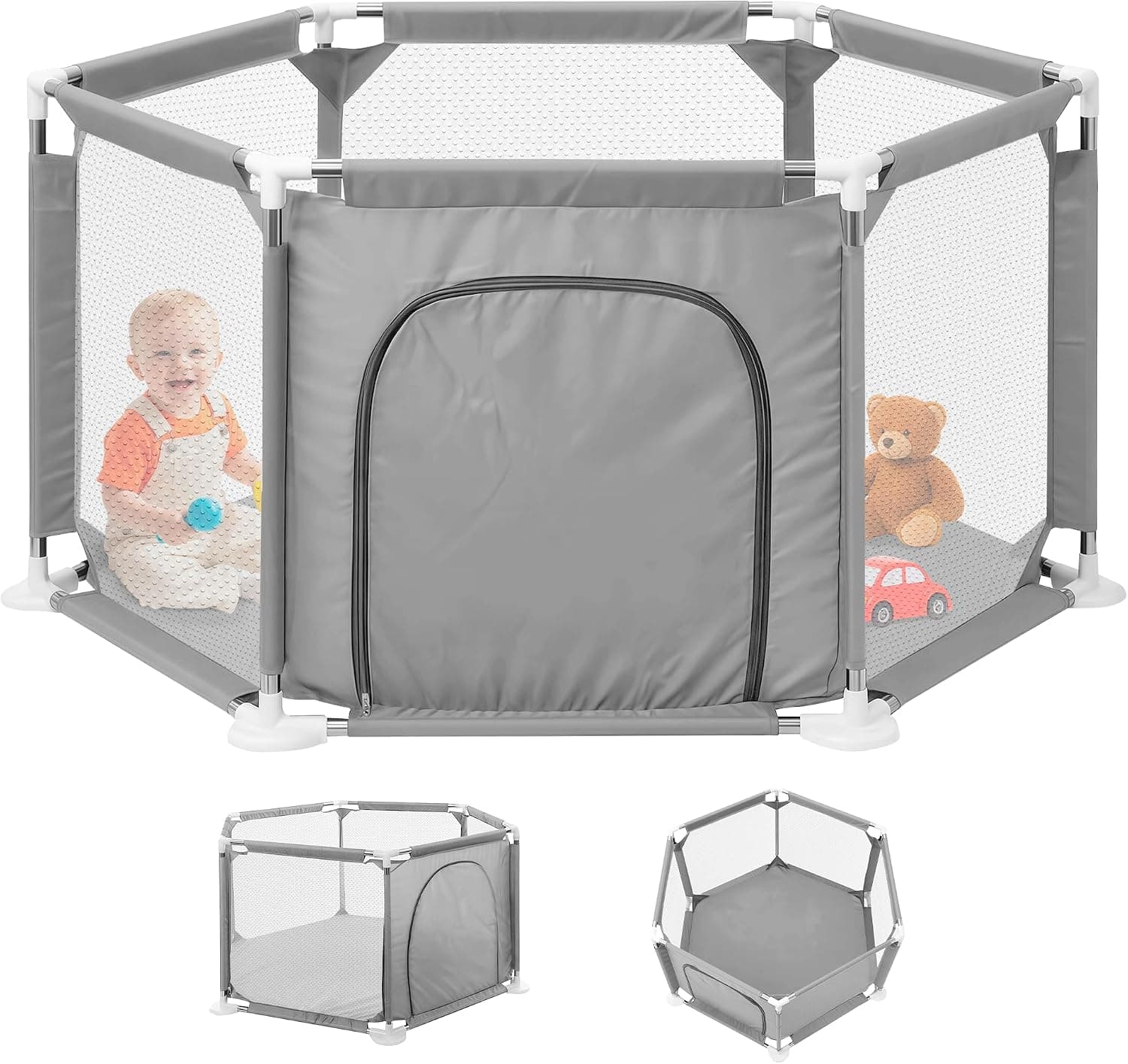JUPPLIES Parque Infantil Bebe 127x127cm Hexagonal – Corralito Bebe con Malla Transpirable – Parque de Juegos Bebe con Puerta Lateral – Playpen Bebe sin Pelotas