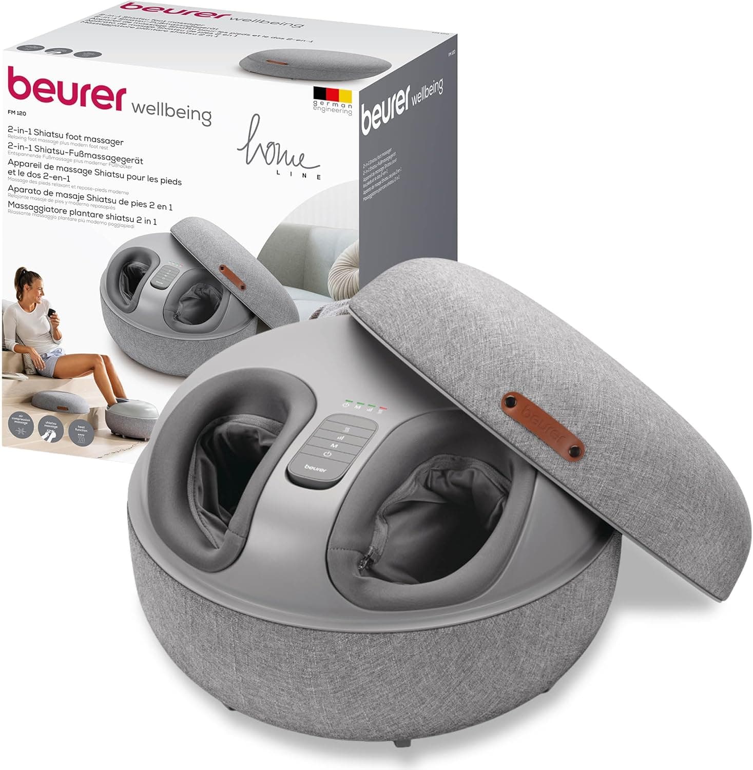 Beurer FM 120 Aparato de masaje Shiatsu de pies 2 en 1 y moderno taburete de asiento, masaje relajante por compresión de aire para relajación y regeneración, con función de calor conmutable