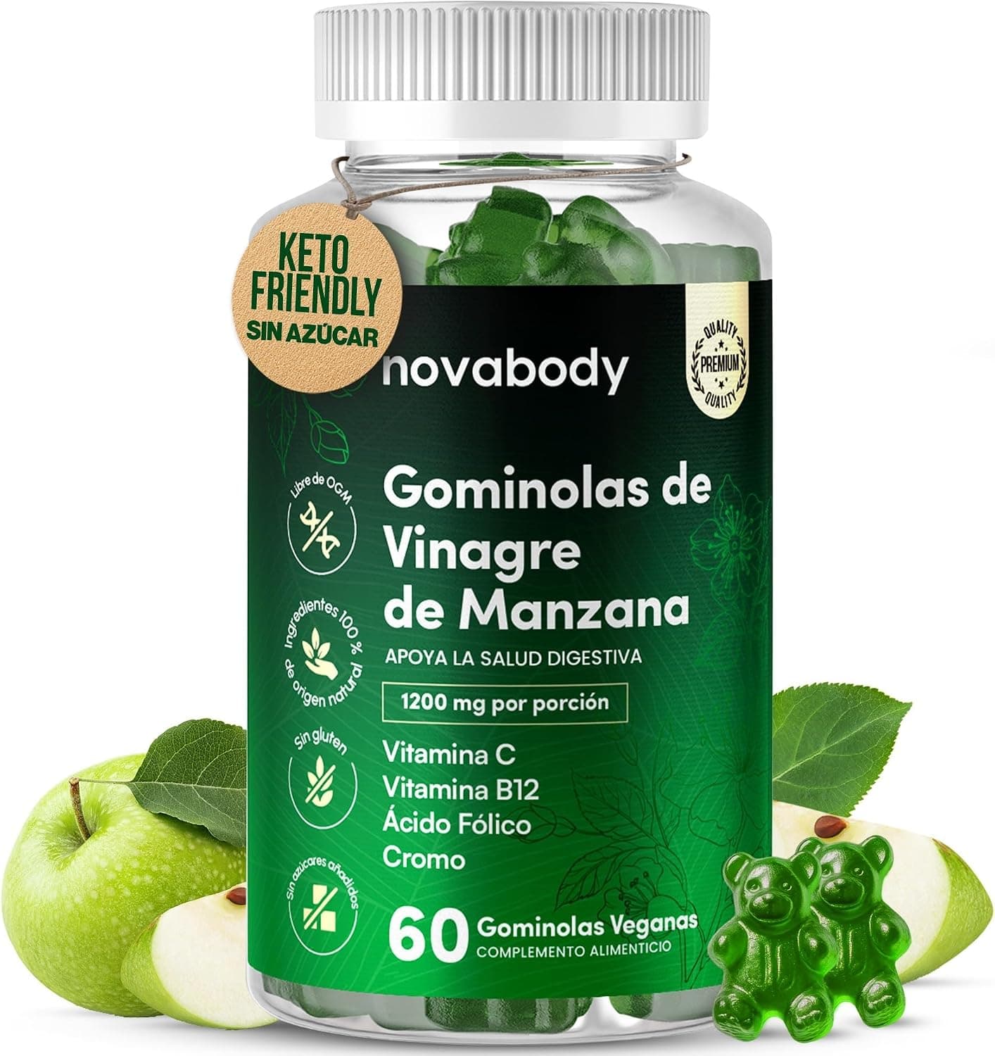 Gominolas Vinagre de Manzana 1200 mg, Sin Azúcar 100% Natural, Suplemento Vegano, Salud Digestiva & Metabolismo, Con Vitaminas C, B12, Ácido Fólico y Cromo, 60 gummies
