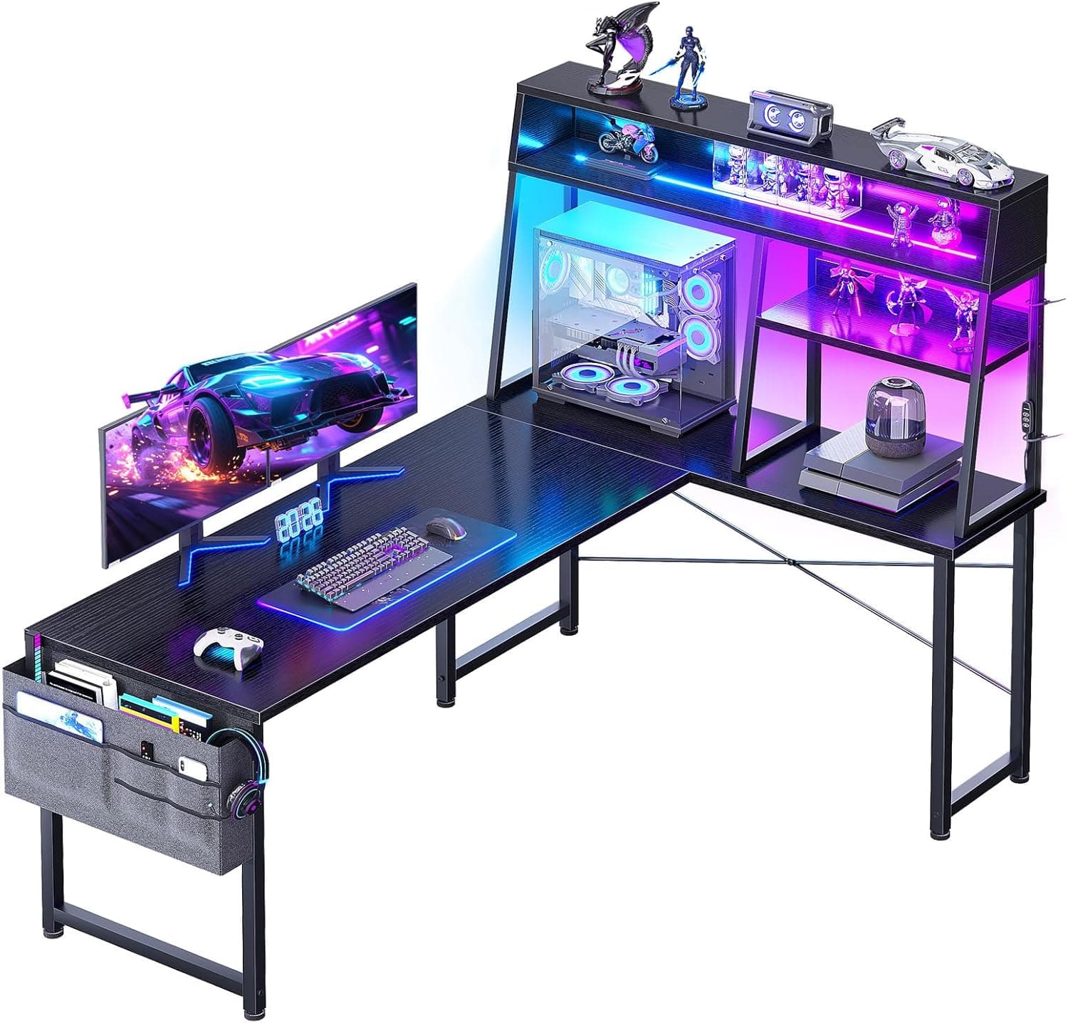 Coleshome Escritorio Gaming en L con Estantería y LED, 150x100cm, Negro