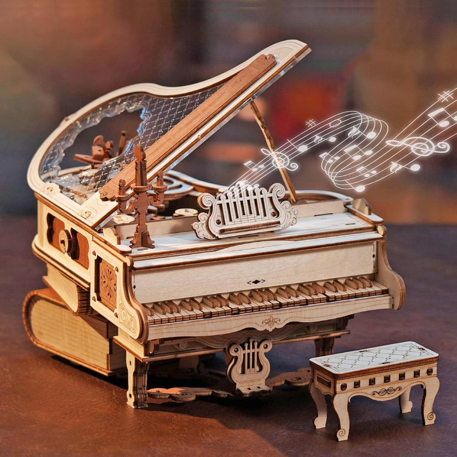 ROBOTIME Puzzle 3D de Madera, Caja de Música Mágica con Piano, Kits de Maqueta Madera para Adultos, Construcción de Modelos de Engranajes