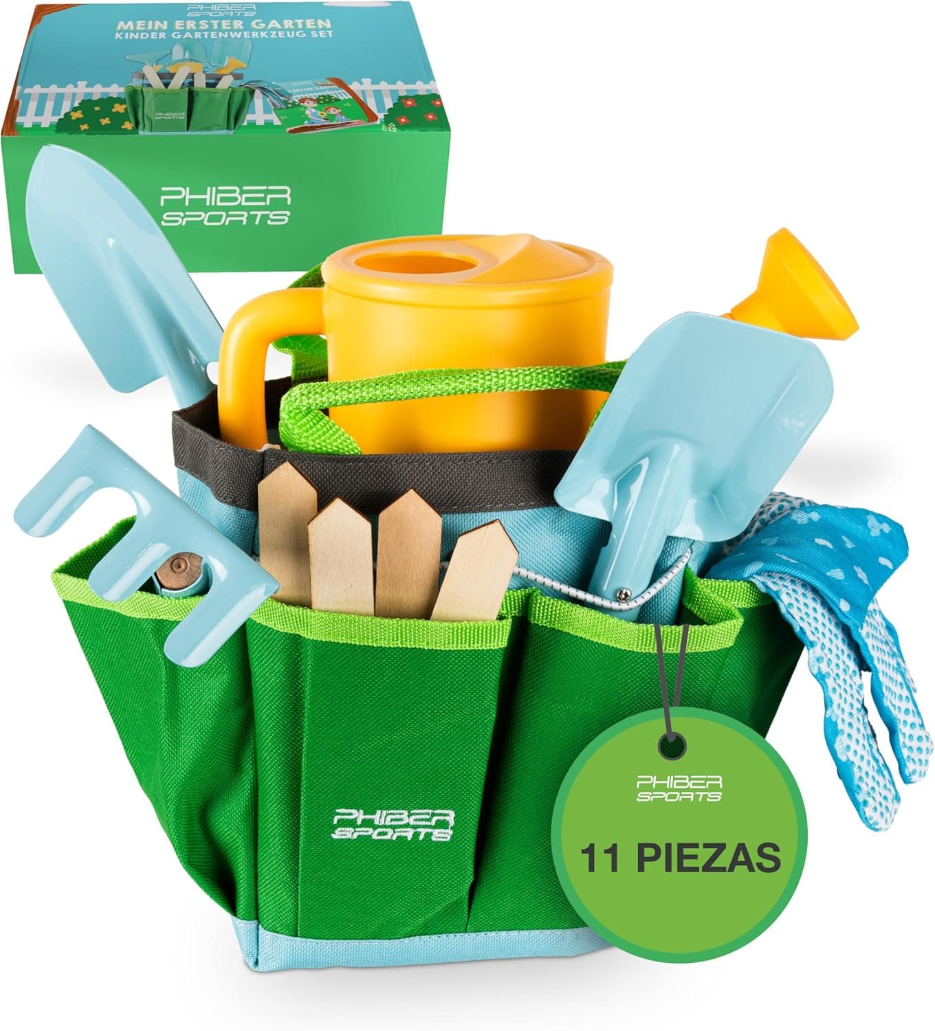 PHIBER-Sports Juego de Herramientas de jardín para niños (11 Piezas) - Herramientas de jardinería para niños a Partir de 3 años - Herramientas de Metal, regadera, Guantes de jardín, Bolsa