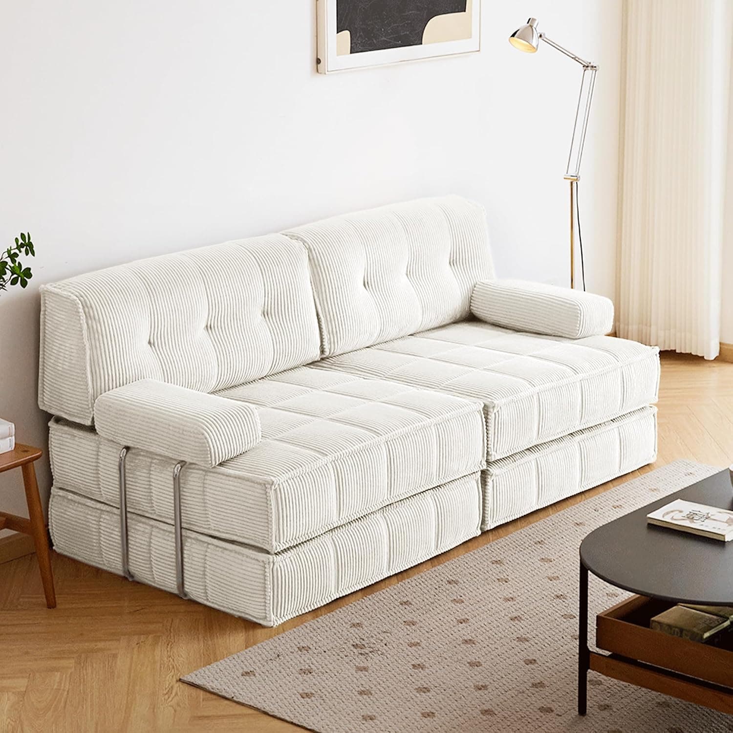 Sofa Cama 2 Plazas 6 en 1 Nest 2 162 x 98 x 89 cm, Sofá de Salón Cheslong Convertible en Aofá Cama Portátil 206 x 160 x 20 cm, Sofá Cama Chaise Longue (Blanco)