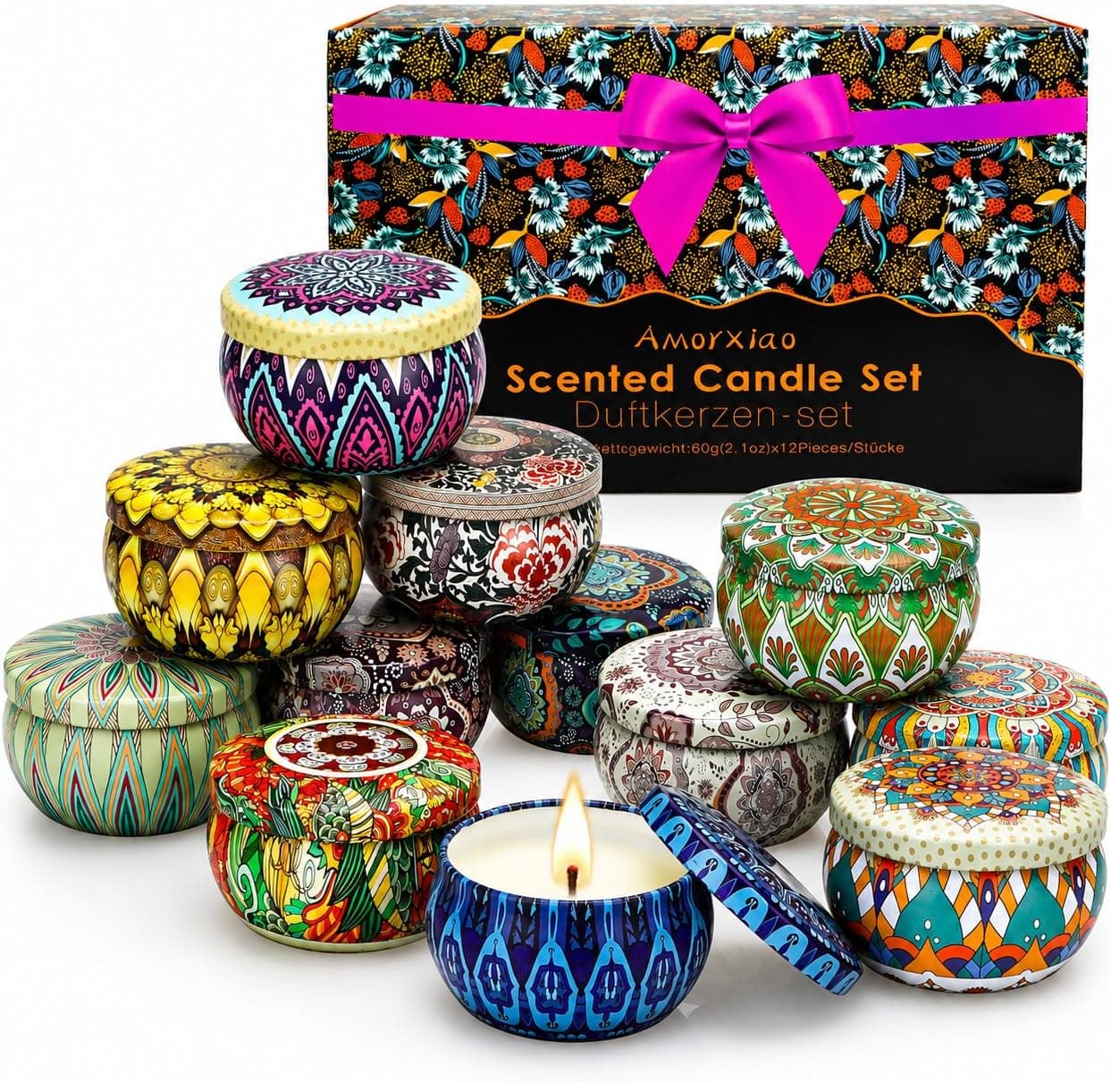 Vela Aromática 12 x 2.5oz Juego de Velas Aromáticas Perfumada Cera de Soja 240 Horas para Mujeres de Casa o Regalo Cumpleaños,Navideño,Boda,Bautizo,Comuniones