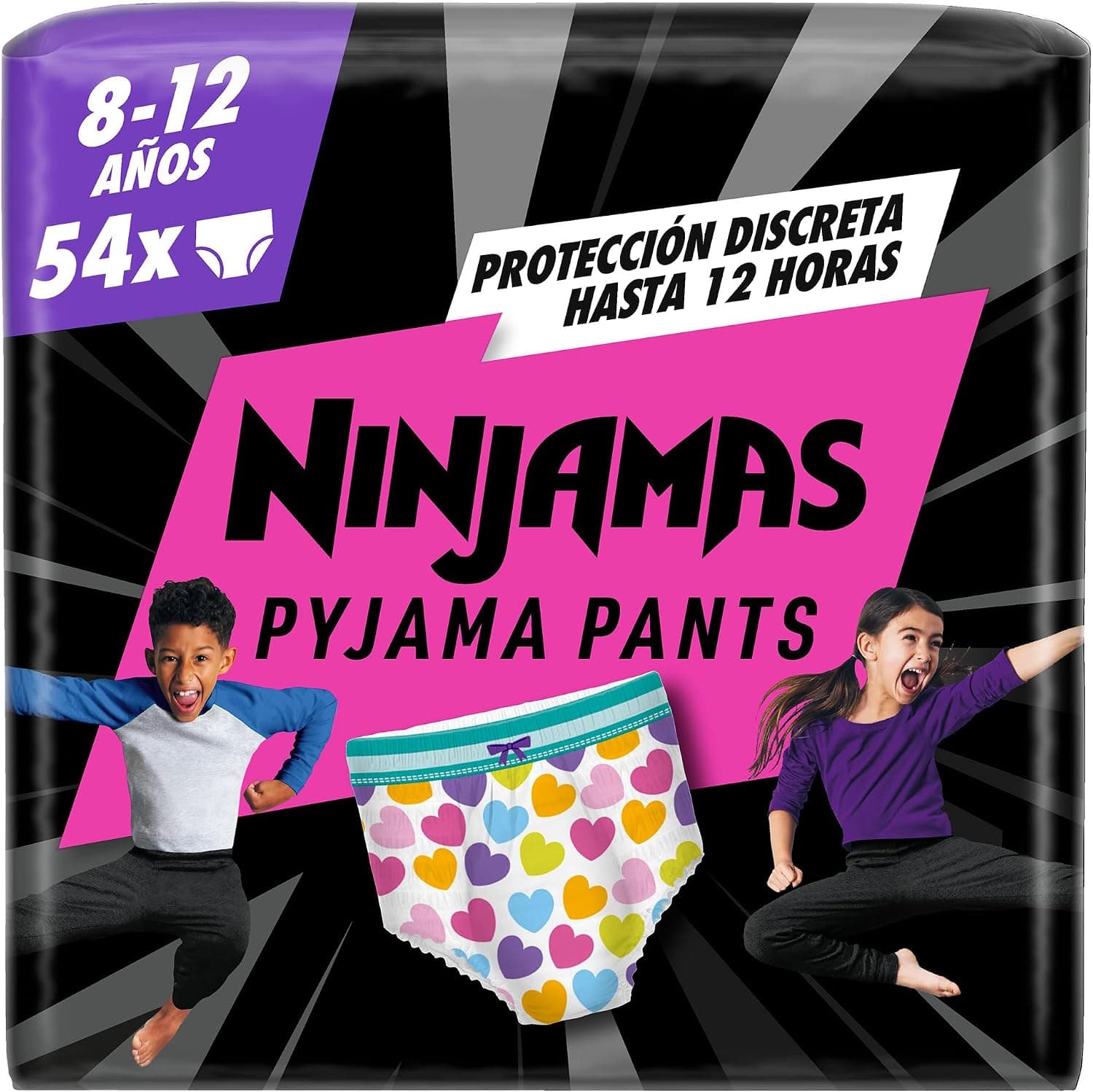 DODOT Ninjamas Pañal Branguita Para Pijama Con Corazones, 54 Pañales De Pijama, 8-12 Años, 27kg-43kg, Protección Contra Fugas Toda La Noche