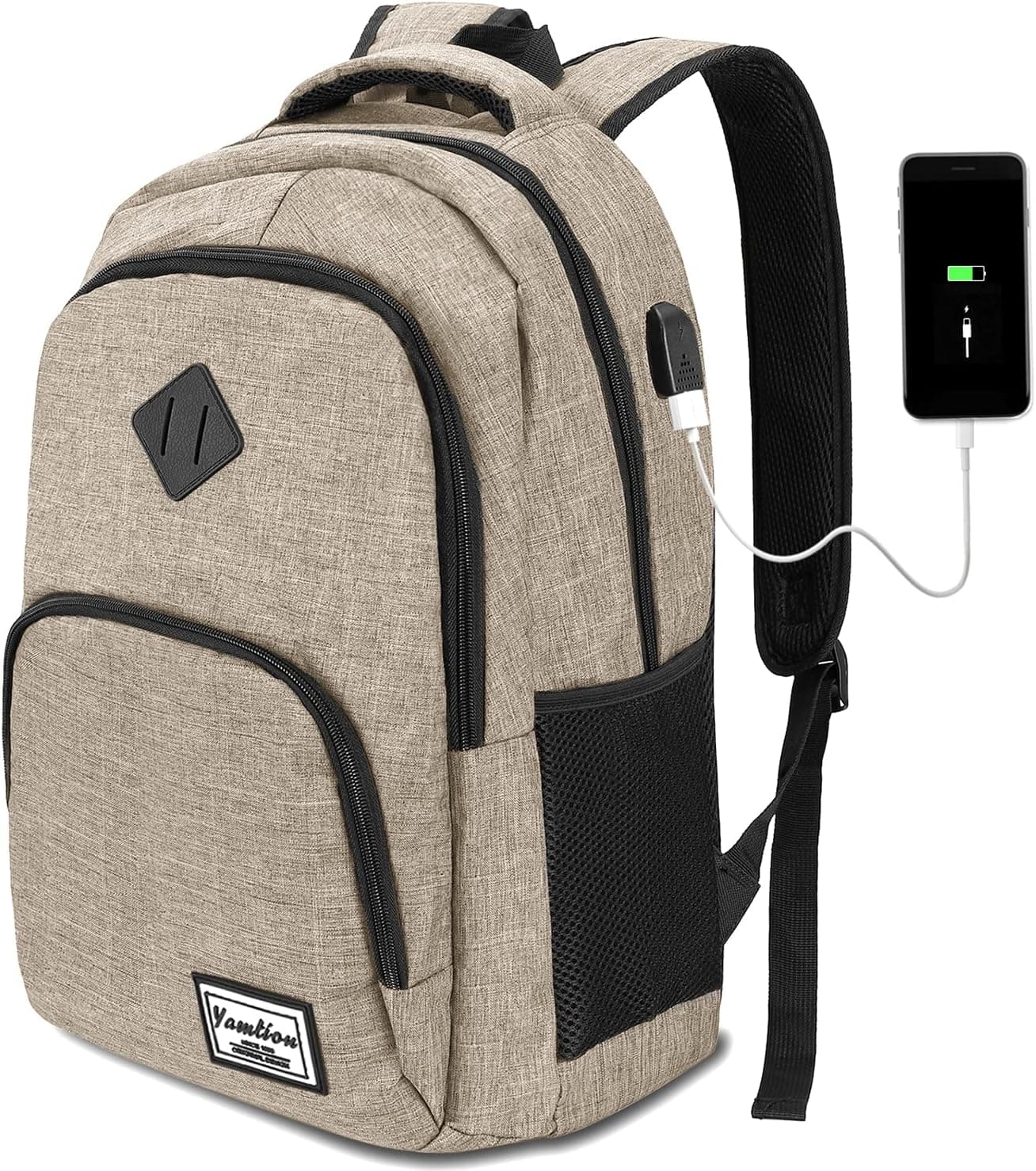 YAMTION - Mochila Escolar con Puerto USB para Computadora Portátil, Universidad, Viaje, Oficina, Adolescentes, Color Beige