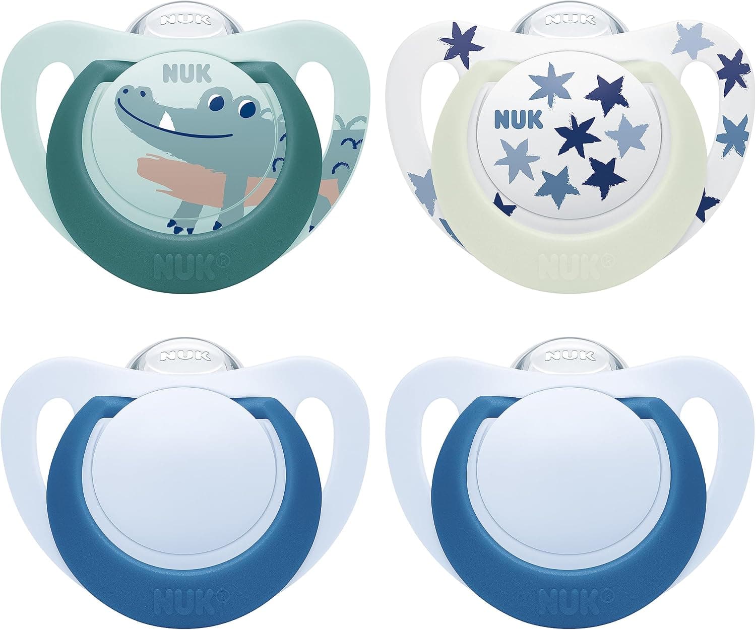 NUK Star Day & Night chupete | 6-18 meses | Calma al 99 % de los bebés | Chupetes de silicona sin BPA | Brilla en la oscuridad para encontrarlo por la noche | Cocodrilo | 4 unidades