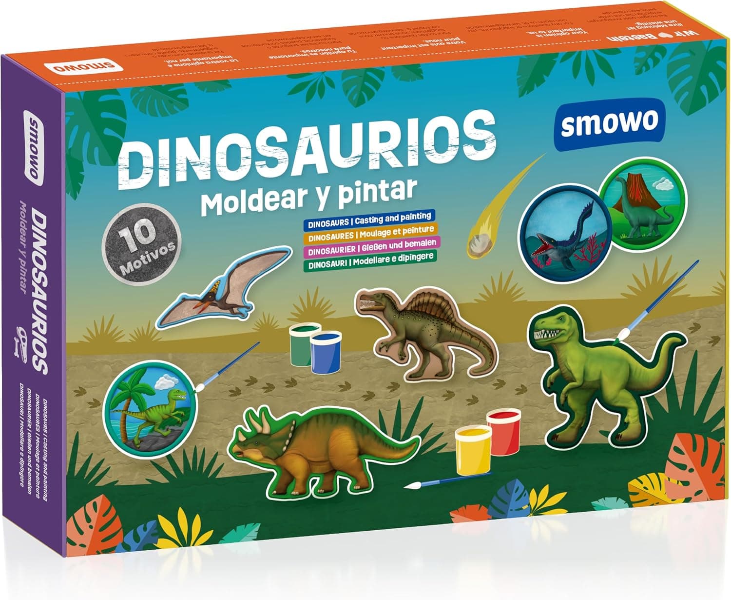 Smowo® 10 Figuras de Dinosaurios de Escayola – Kit para Moldear y Pintar con Pinturas y Enciclopedia – Juego de Manualidades Creativas para Niños