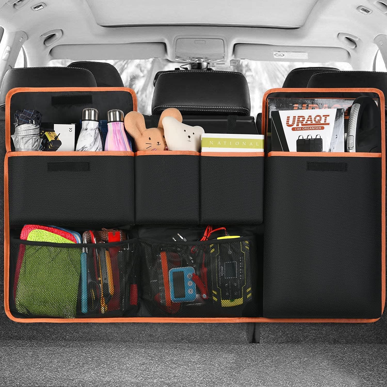 URAQT Organizador Maletero Coche, Bolsa Maletero Coche para Protector de Asiento, Trasero Almacenamiento Bolsa Gran Capacidad con 6 Bolsillos, Correa Ajustable y 3 Cinta de Fijación, 100x45cm