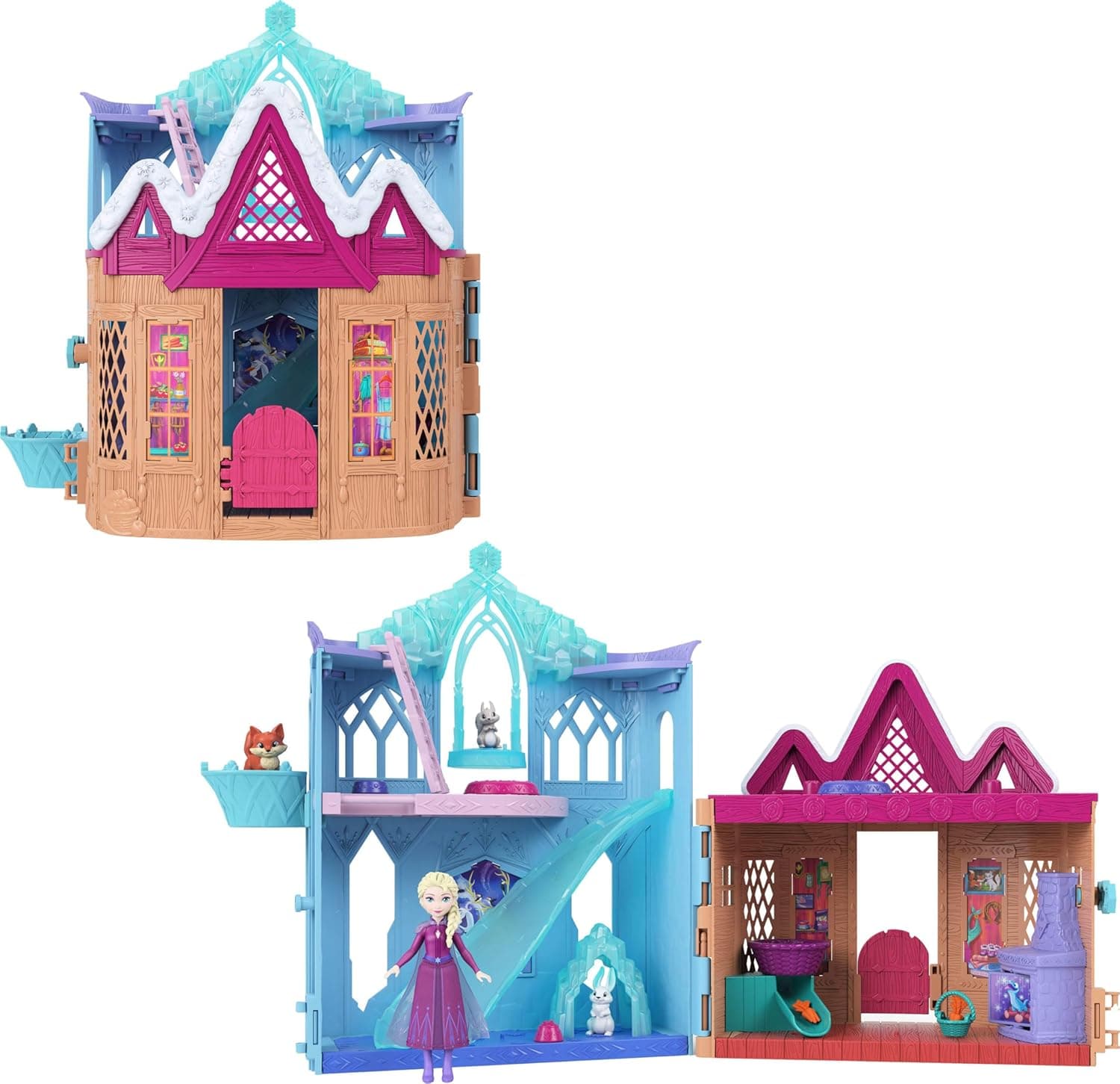 Mattel Disney Frozen Storytime Stackers Elsa Conjunto de juego con muñeca pequeña, 10 zonas de juego, 3 animales y 8 accesorios, inspirado en 'Animals of Arendelle', JFG28