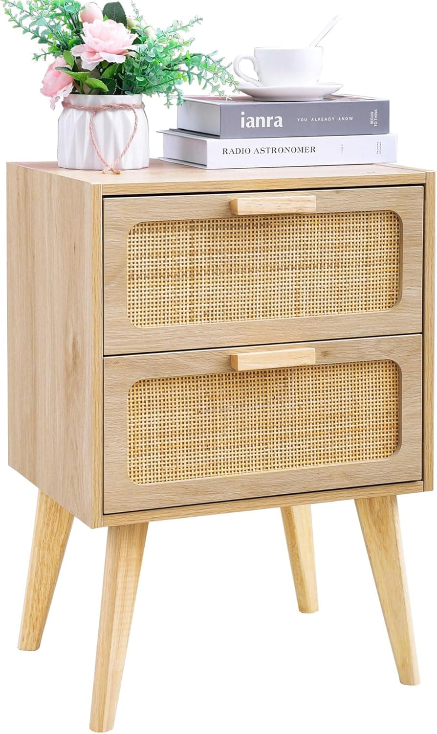 YAUKOMEL Mesita de Noche de Madera,Cajonera,Gabinete de Noche, Mesilla de Noche,mesita auxiliares,con 2 cajones Decorados de ratán, a Mano, Mesa Auxiliar,para Dormitorio, Salón,Natural DECTG59Y