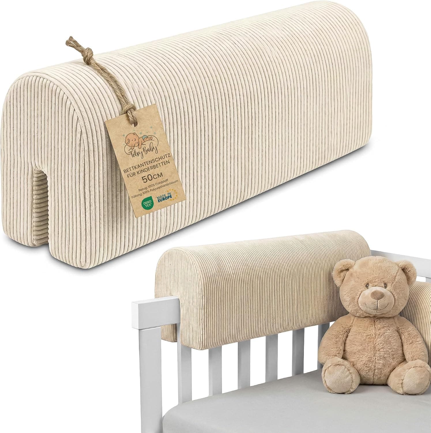 Totsy Baby Chichoneras Cuna Parachoques cunas Bebe 50 cm - Protector Anti caida y Golpe Espuma de Barrera Seguridad niños y niñas para Cama Protection de Valla y Borde Infantil Pana Oeko-Tex Beige B