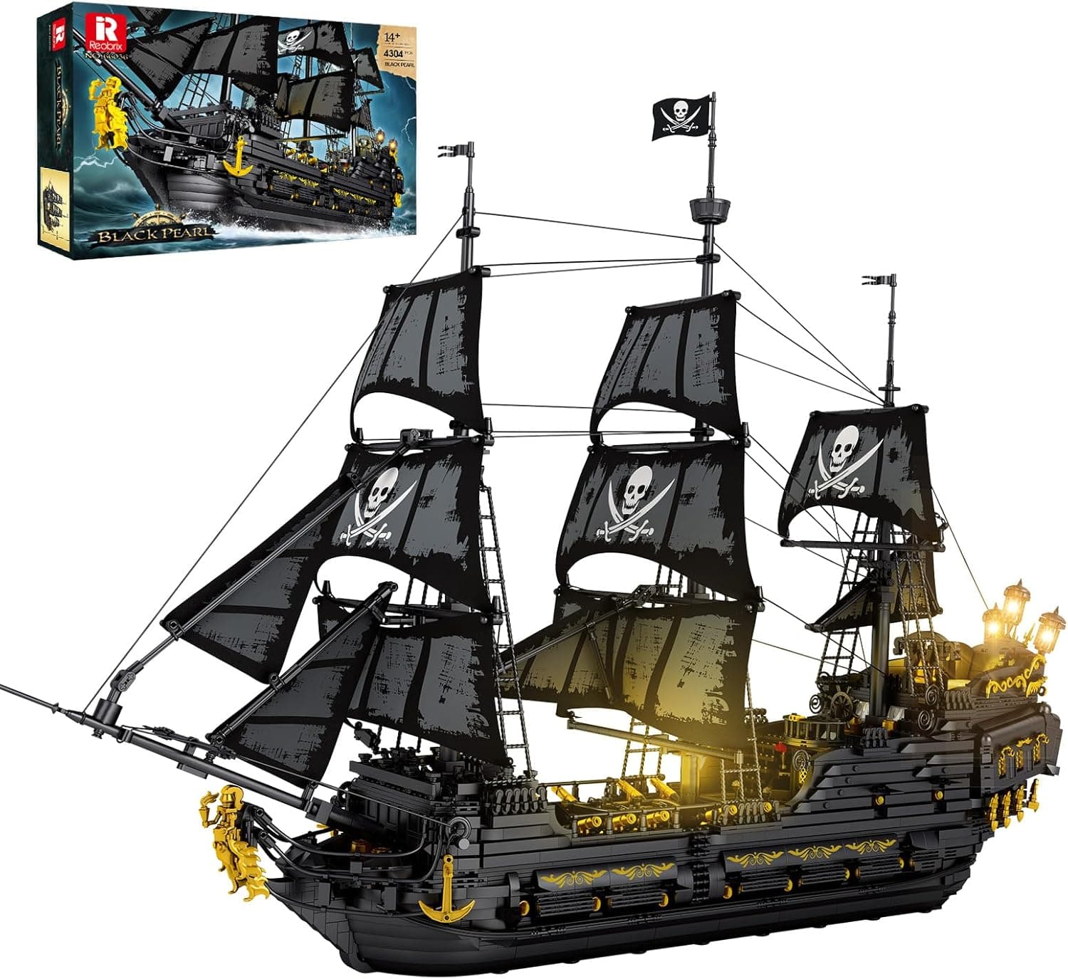 Reobrix 66036 Black Pearl Maqueta de Barco Pirata con LED para Adultos
