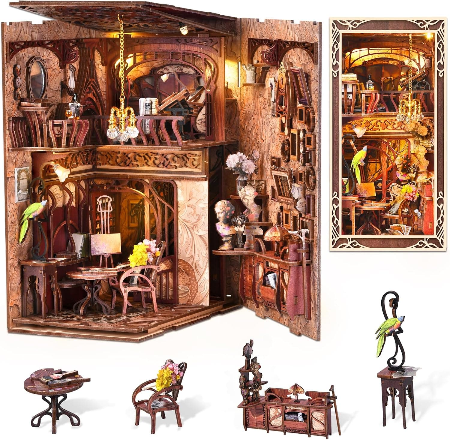 MiniCity Book Nook Kit DIY Casa de muñecas en Miniatura Kit Booknook, Rompecabezas de Madera 3D sujetalibros decoración con luz LED para Adolescentes y Adultos
