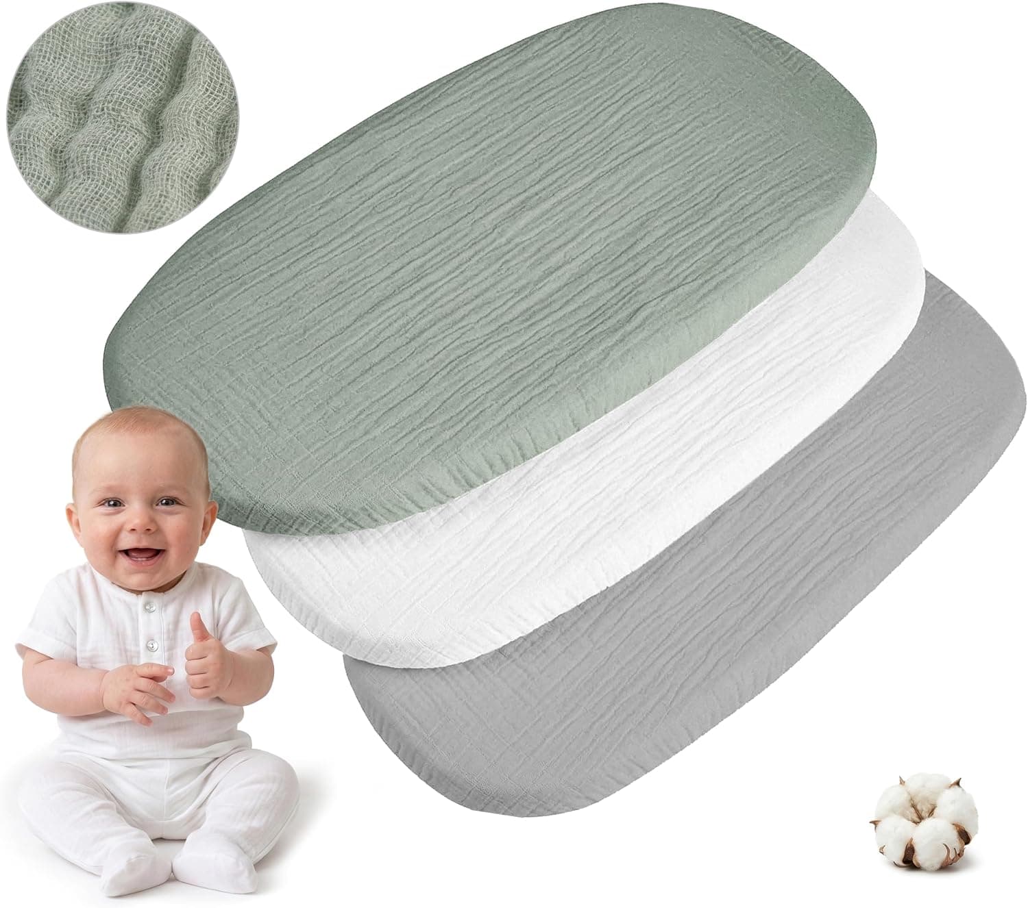 Medi Partners Sabanas Cuna Bebe 86x40 Sabana Bajera Capazo Set de 3 Funda Colchon Combiador para Carro - 100% Algodón Muselina Universal Minicuna Moises Sábanas Carrito (Oliva-Blanco-Gris)
