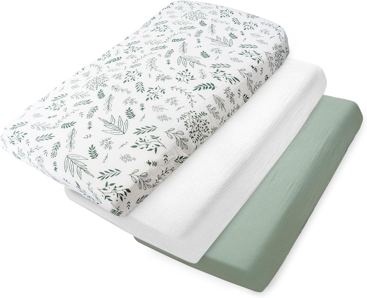 Medi Partners Sabana Bajera Cuna 70x140 Set de 3-100% Algodon Sabanas de Algodón Muselina Bebe Ropa de Cama para Bebés Dormir Cuna Fitted Bed Sheet Protector(Hoja de Olivo-Blanco-Olivo)