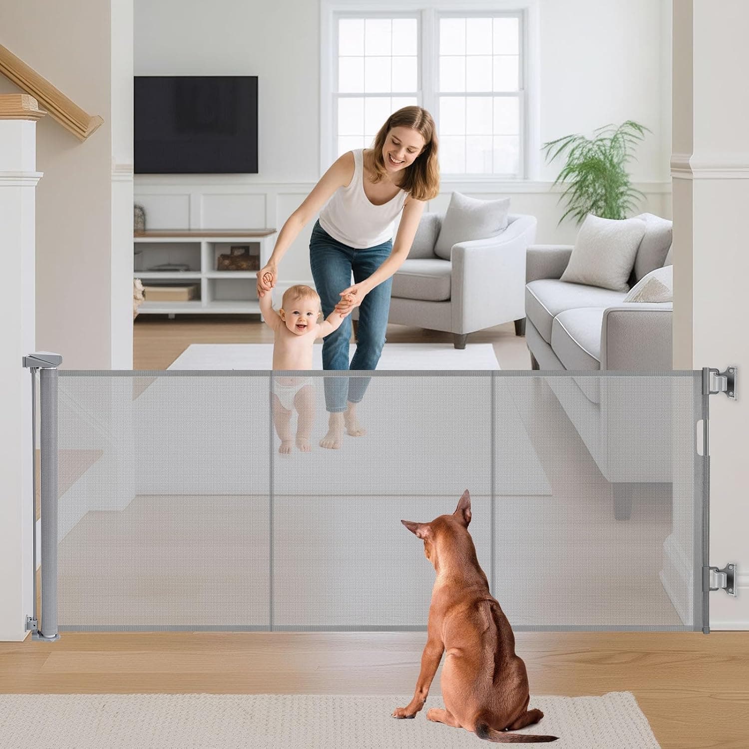 Barrera de Seguridad Retráctil para Niños y Perros, Puerta Seguridad Bebé Extensibles, Retráctil Vallas para Escaleras y Pasillos, Interiores y Exteriores