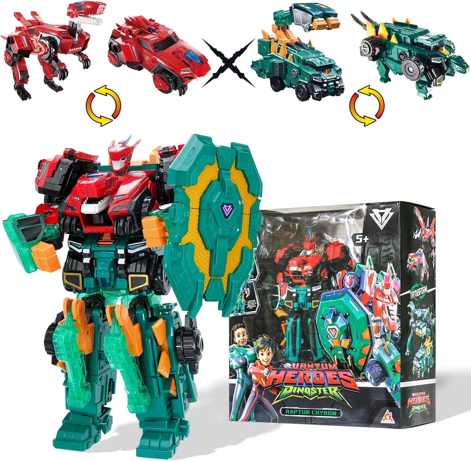 Quantum Heroes DINOSTER Robot Transforming 3 en 1 Raptor Chyron, 10,6 Pulgadas, Carroza, Dinosaurio y Robot Transforming Juguetes para Niños y Niñas 5 6 7 8 9 10 años