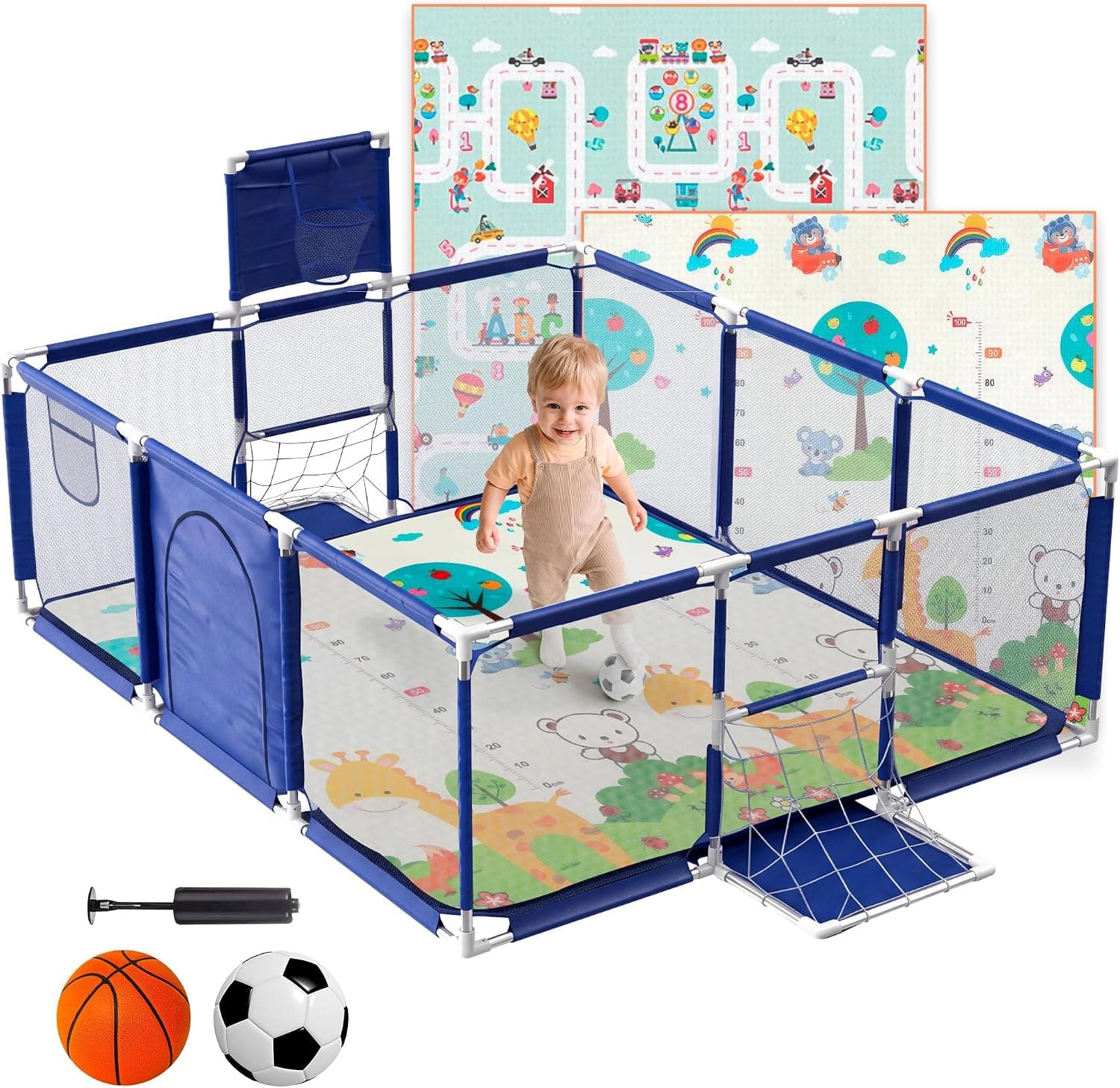 Parque Infantil Bebe + Alfombra de Juego + Pelota de Futbol y Baloncesto - Corralito de Bebé Plegable 180 x 120 x 60cm - Parque de Juegos Bebé Con Malla Transpirable (Azul con Alfombra)