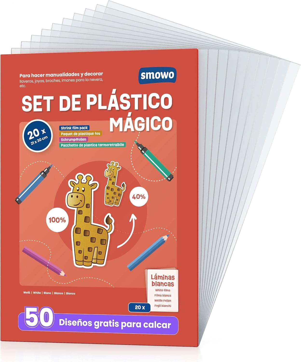 Smowo® 20 Láminas de Plástico Mágico A4 - Papel Termoretráctil Transparente Mate - Manualidades para niños, Bricolaje, DIY - Hojas encogibles