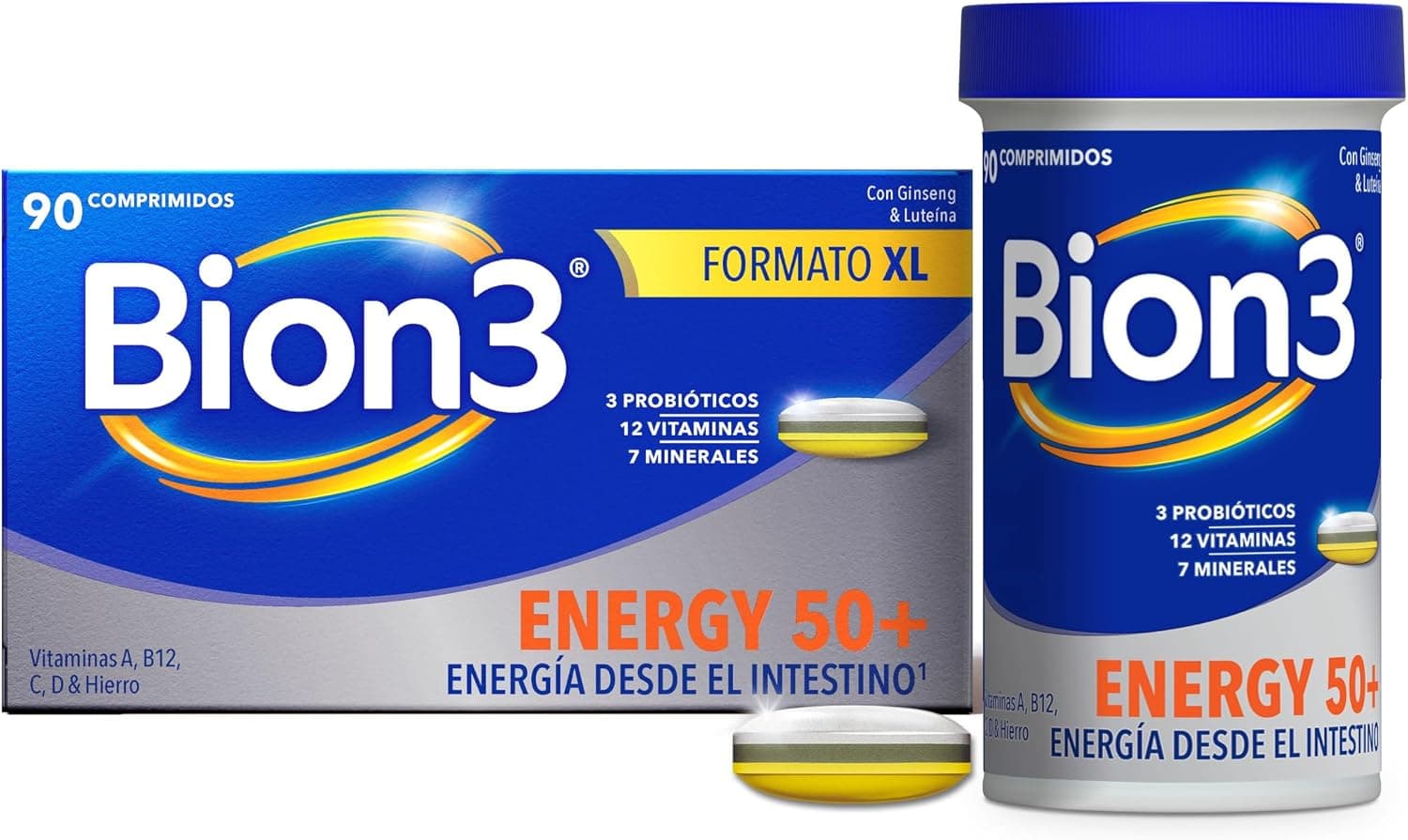 Bion3 Energy 50+ Comprimidos Multivitamínicos con Probióticos, Complemento Alimenticio, Energía Física y Mental¹, Vitamina C, D, A, Complejo B, Hierro