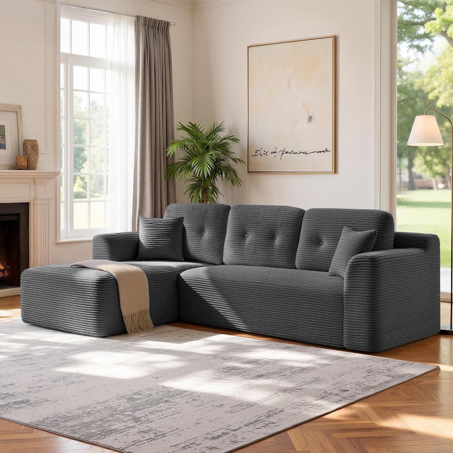 VASAGLE Sofá Esquinero, Sofá Modular de 244 cm, Entrega Compacta, Sin Montaje, con Gran Chaise Longue a la Izquierda, para Salón o Habitación de Invitados, Gris Pizarra LCS183GN01