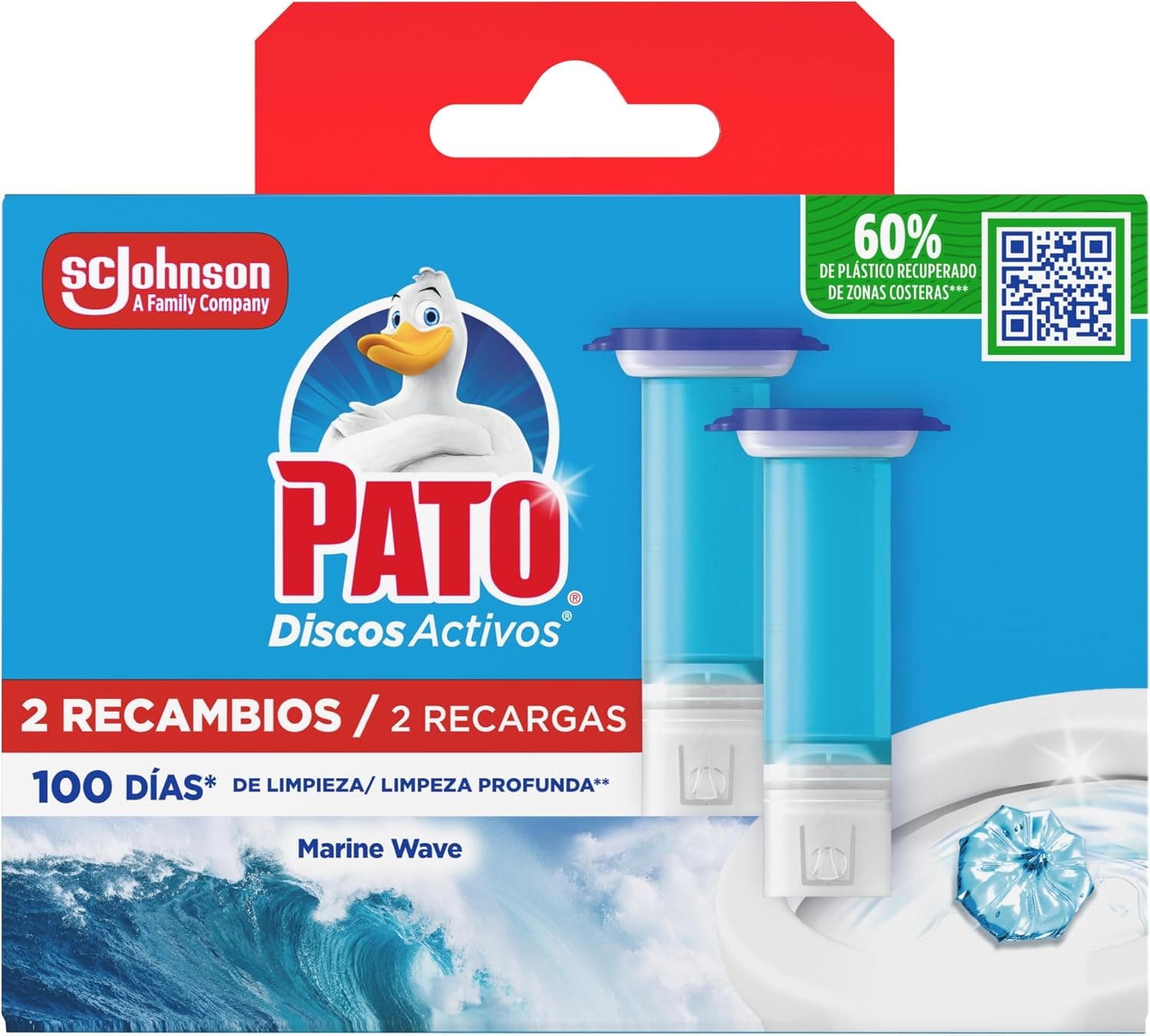 Pato Discos Activos WC Marine, Limpia, Refresca y Perfuma el Inodoro, Eficacia 360°, 2 Recambios = 12 discos