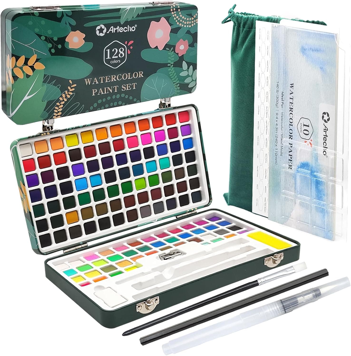 Artecho Juego de pintura de acuarela de 128 colores en caja portátil con paleta de acuarela, papeles de acuarela y pinceles, ideal para adultos, artistas y aficionados
