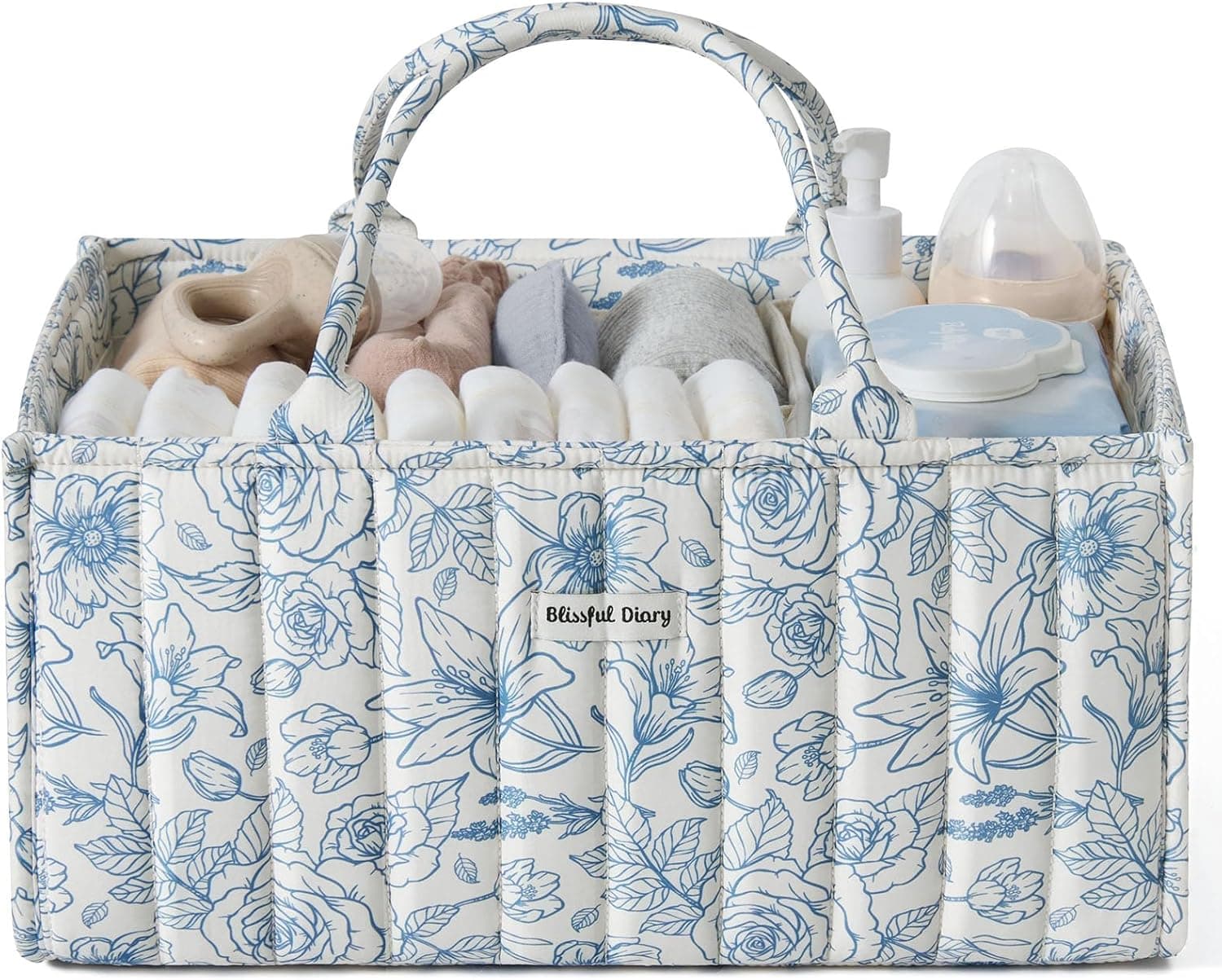 Blissful Diary Organizador de cambiador para bebé, Cesta de Almacenamiento Elegante para Necesidades de Recién Nacidos y Estación de Pañales, Regalo de Baby Shower, Azul Floral