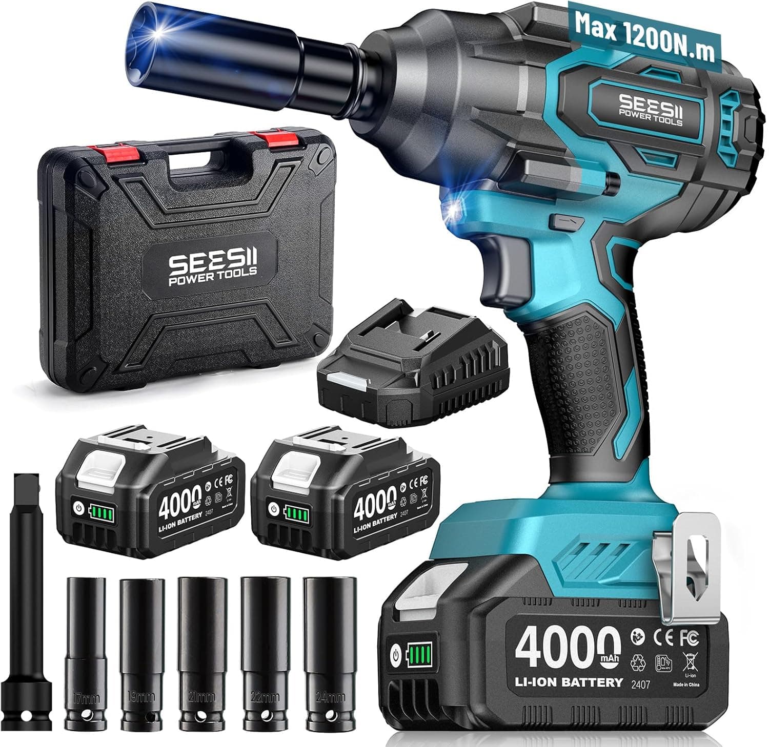 Seesii 1200 N·m llave de impacto a batería, 1/2 Pistola de Impacto sin escobillas con dos baterías de 4000 mAh, cargador rápido, 5 llaves de vaso, llave de impacto para neumáticos de coche