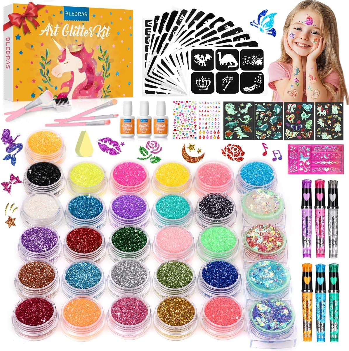 Bledras Kit de Tatuajes Temporales para Niñas, 31 Colores Brillo