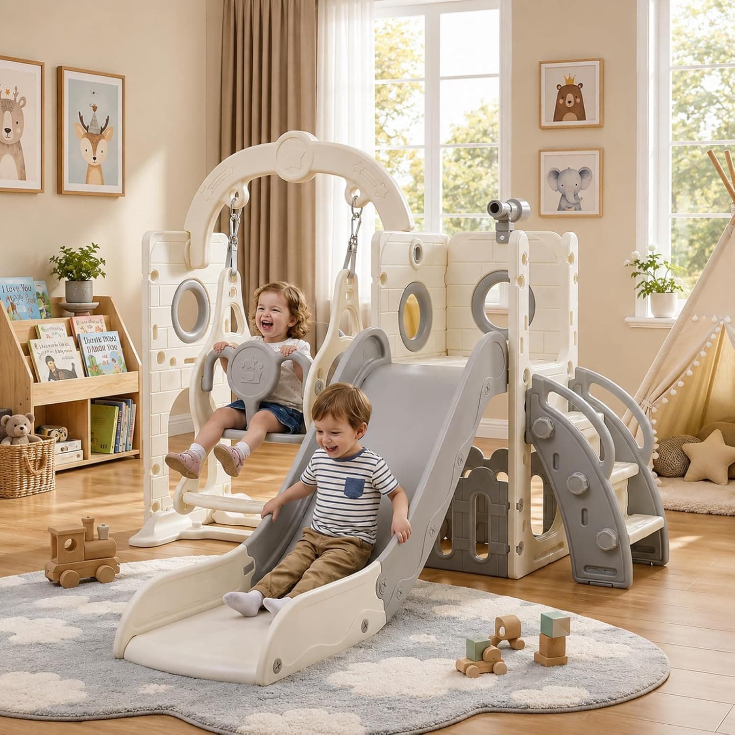 Tobogán y Columpio, Parque Infantil 5 en 1, con Tobogán Largo, Columpio, Escalada, Telescopio de Juego, Almacenamiento, Tobogán para Interior y Exterior, Juego de Tobogán para Bebé, Gris Blanco