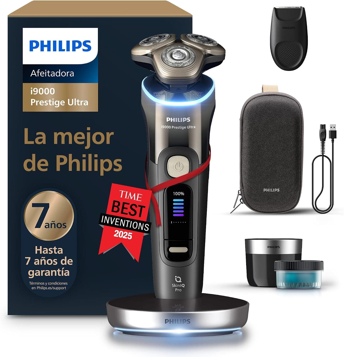 Philips i9000 Prestige Ultra, Afeitadora Eléctrica Hombre, Máquina de Afeitar Barba en Seco y Mojado, Tecnología SkinIQ Pro, Base de Carga, Recargable, Estuche Premium, Centro de limpieza, XP9405/31