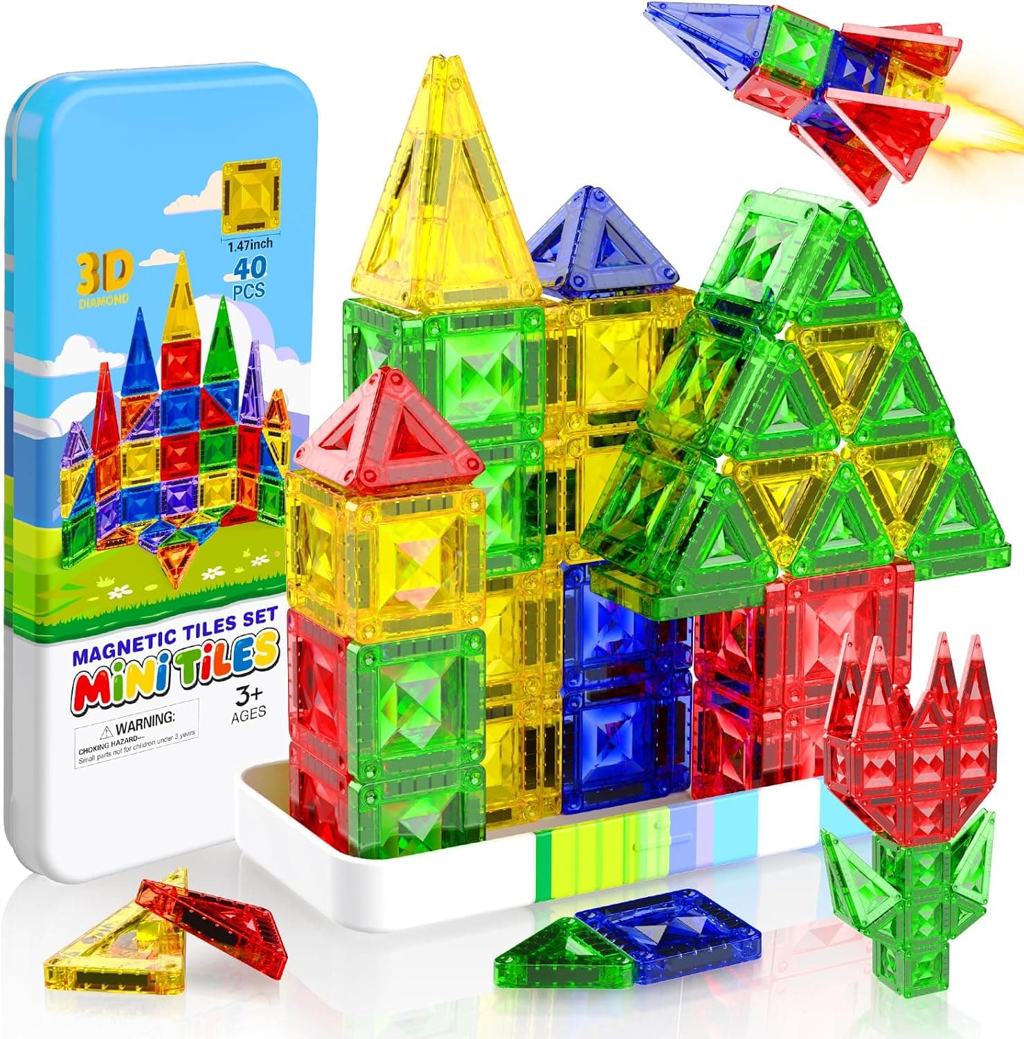 Magnetopia Mini Magnetic Tiles 40 Piezas Set de Viaje - Caja Metálica Portátil con Animales y Vehículos, Juguete Magnético Creativo para Niños de 3 a 8 Años, Aprendizaje Stem