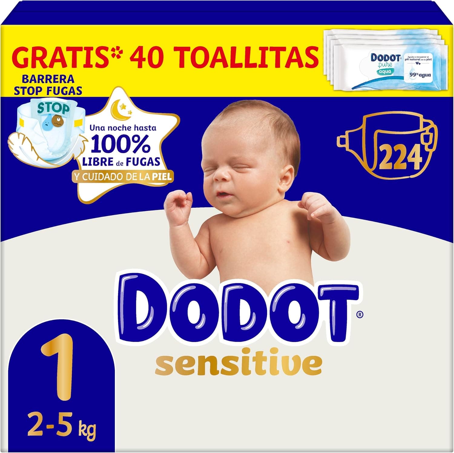 Dodot Pañales Bebé Sensitive, Talla 1 (2-5kg), 224 Pañales + 1 Pack de 40 Toallitas Regalo de Aqua Plastic Free, Nº1 en Protección de la Piel deDodot, Pack Mensual