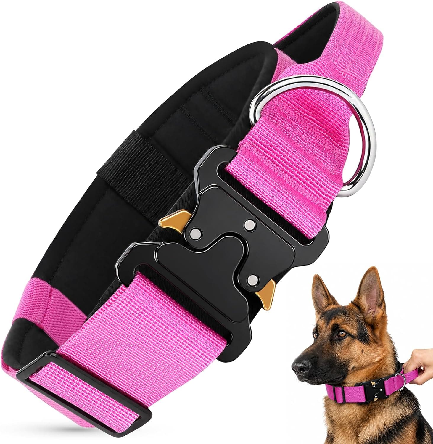 Collar Táctico Perro, Collar Militar Ajustable para Perro Grande Mediano, 3,8 cm de Ancho, Collar Perros Nylon con Mango y Hebilla de Metal Liberación Rápida (Rojo Rosado, L)