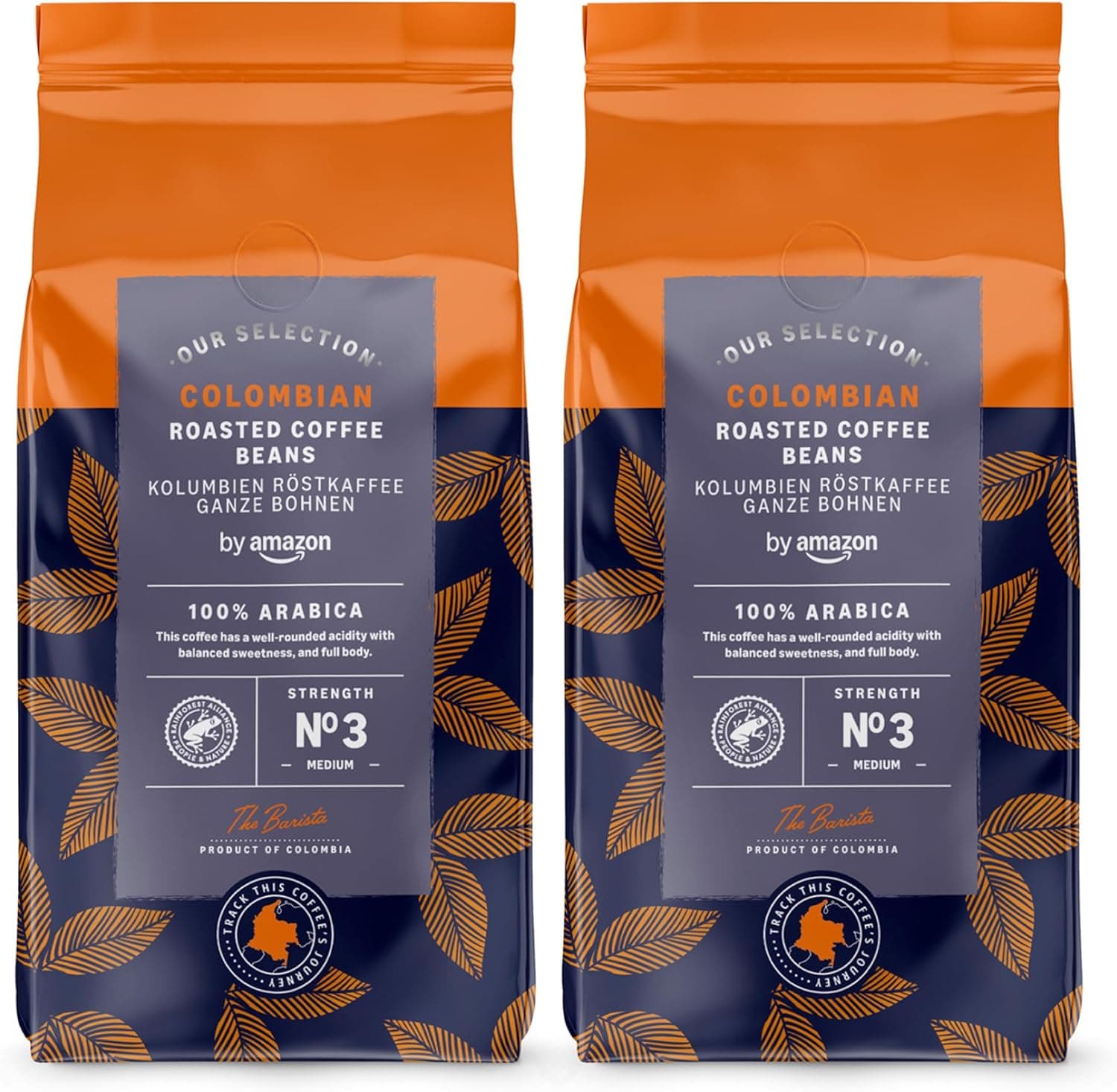 By Amazon Café Colombiano en Grano, 100% Arábica, Tueste Medio, 1Kg (2 paquetes de 500g), Certificado Rainforest Alliance