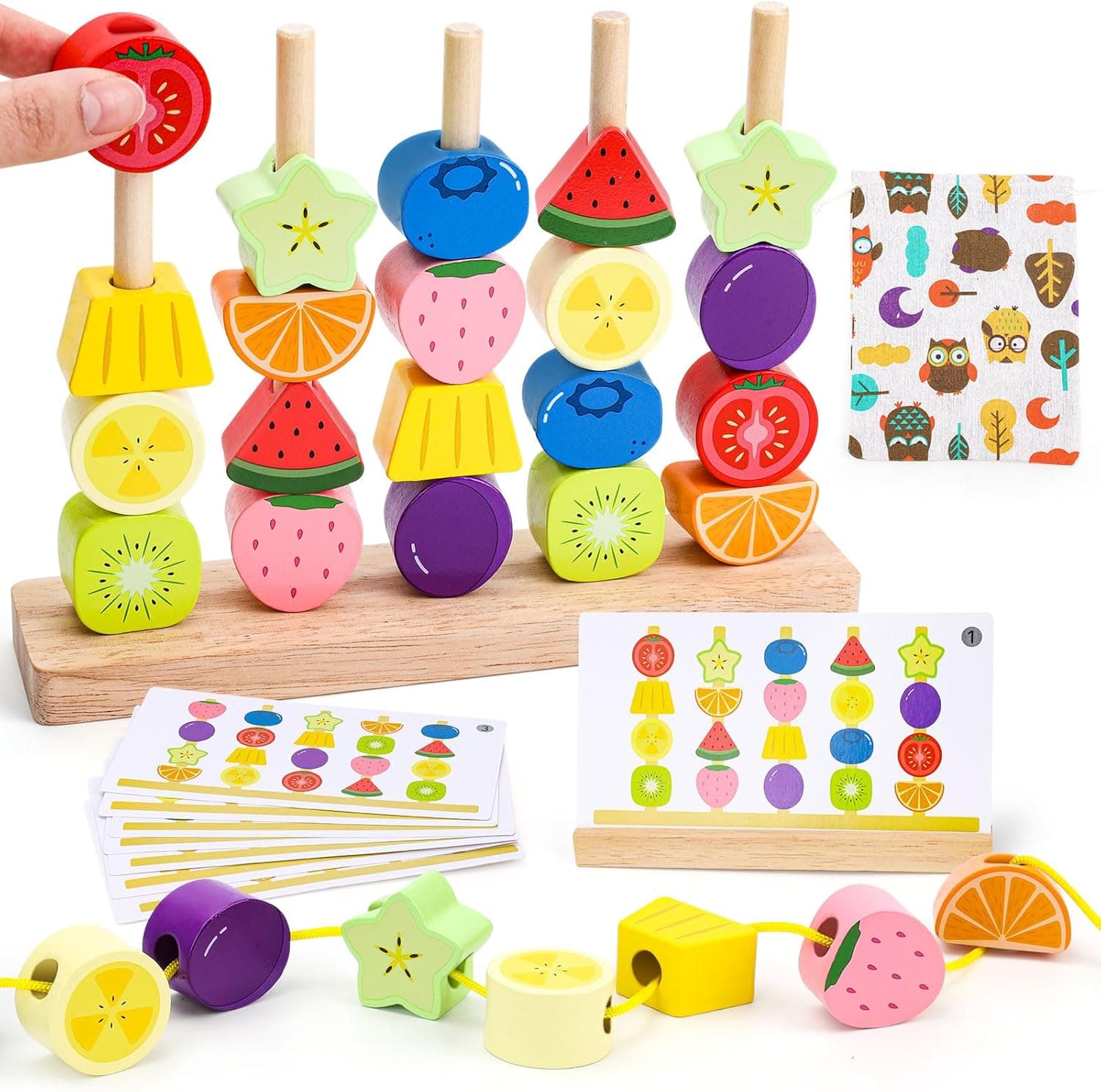 GiddyGlow Juguetes de Madera Montessori para Niños 2 3 4 Años: Juego Educativo con Ensartar Cuentas y Apilar Bloques para Motricidad Fina + Regalo Niña Niño 2-5 Años