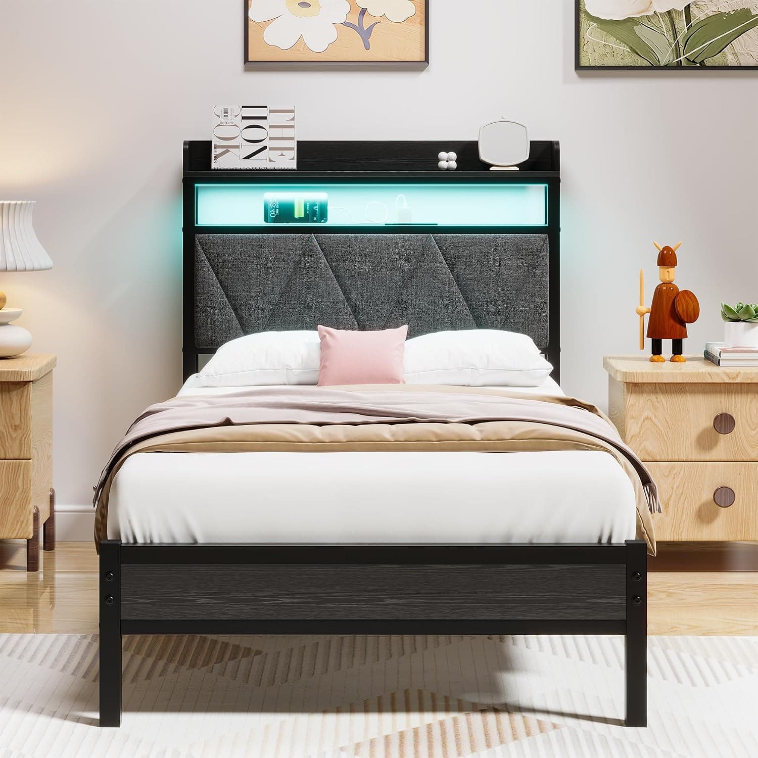 Estructura de cama de 90 x 200 cm con cabecero tapizado de madera con dos estantes, estación de carga, luces LED, estructura de cama metálica robusta, no se necesita somier tapizado