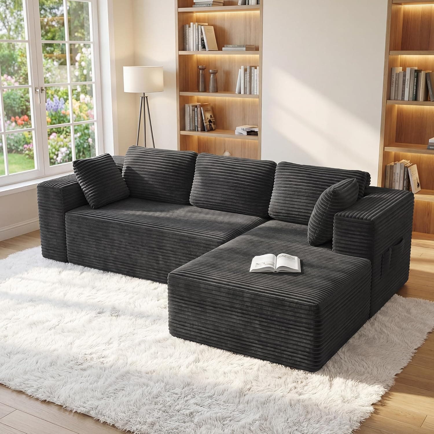 Xbro Sofá Chaise Longue, Tela de Pana, Gris Oscuro
