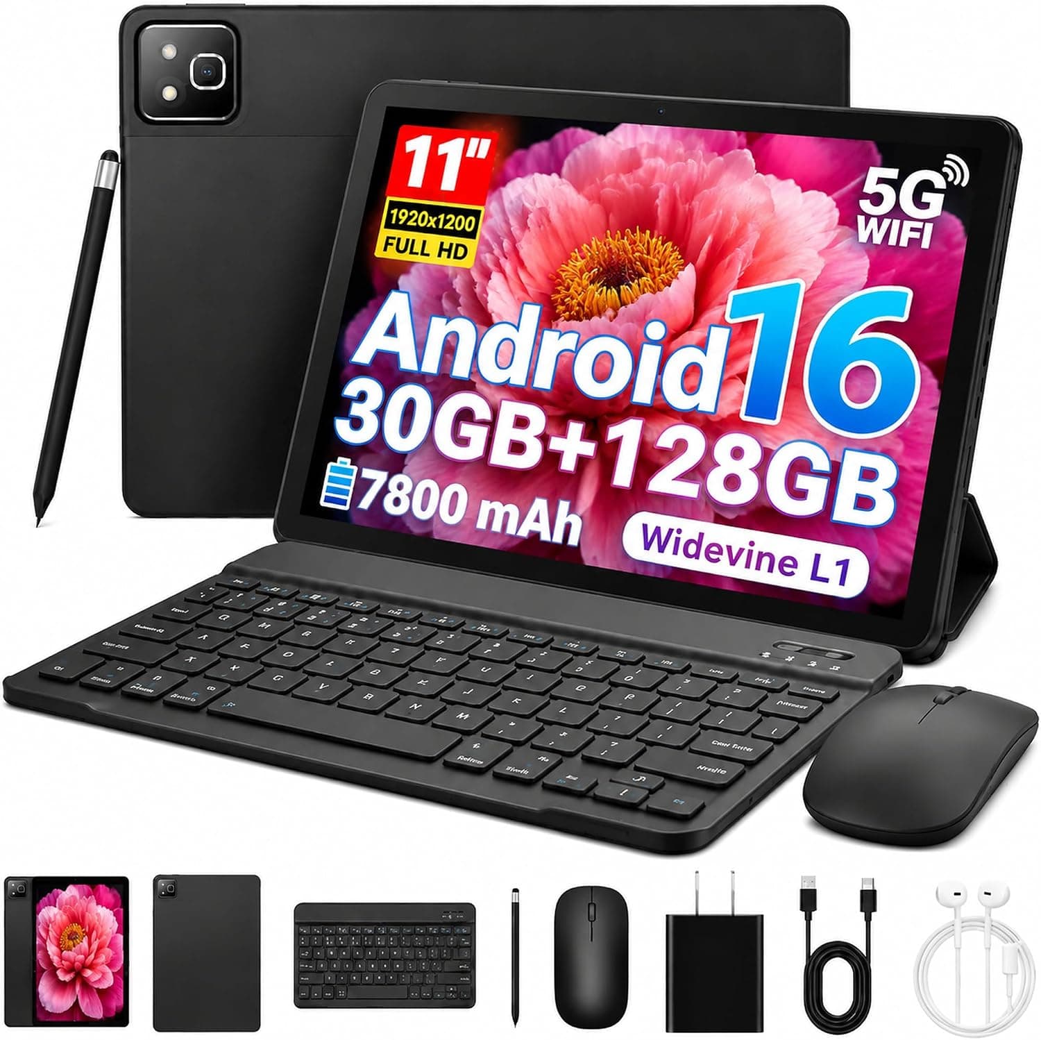 2026 andriod 16 Tablet con Teclado, Tablet de 11 Pulgadas 30GB RAM+128GB ROM+1TB, 7800mAh, procesador de 5 núcleos, Tableta 2 en 1 con Funda, Ratón y Lápiz Óptico (Negra)